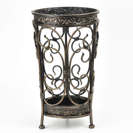Dualplex Umbrella Holder for Entryway, Umbrella Stand Metal Antique Look, Indoor Entry Hallway Décor, Round Style with Removable Drip Tray. Home Office Rack Holds Umbrellas Canes Walking Sticks