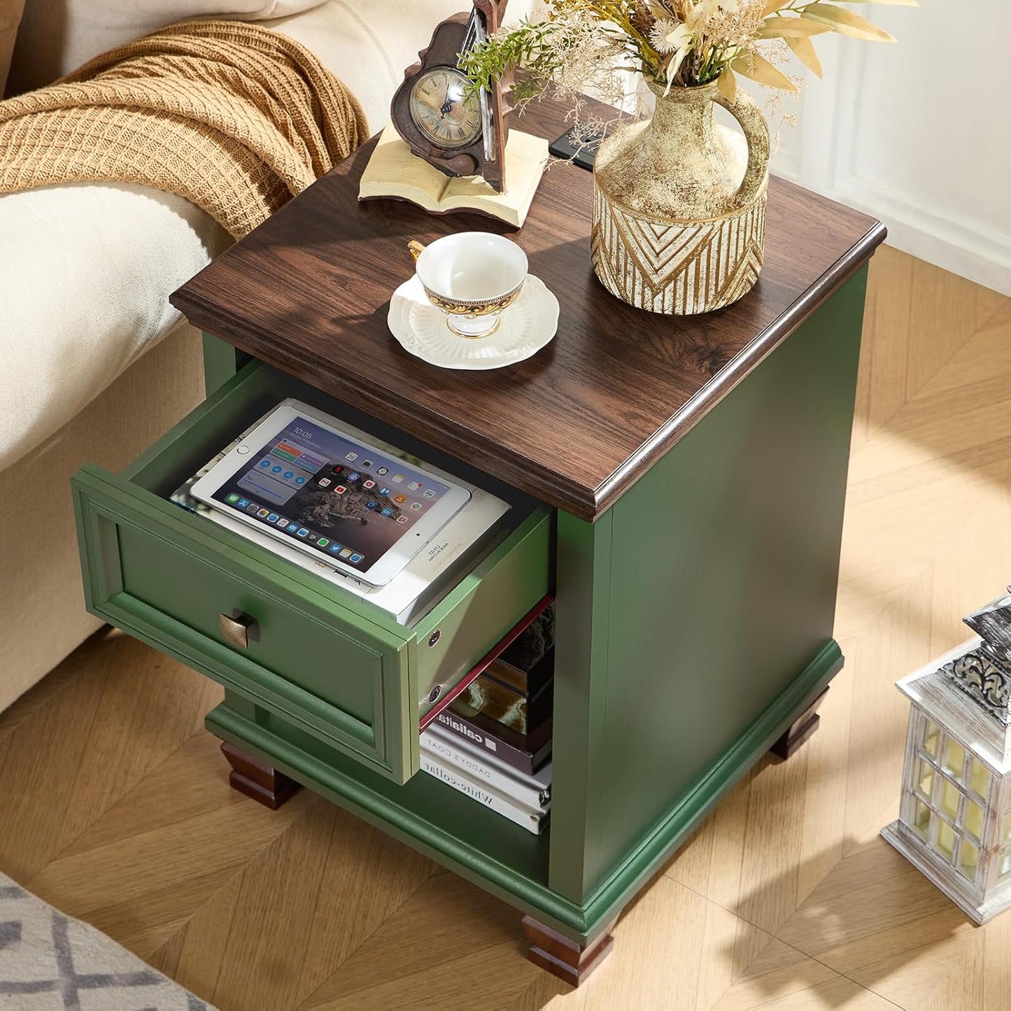 Farmhouse End Tables Living Room with Drawer, Rustic Wood Nightstand with Charging Station, Bedside Table with Open Shelf for Bed Room, Living Room, Green
