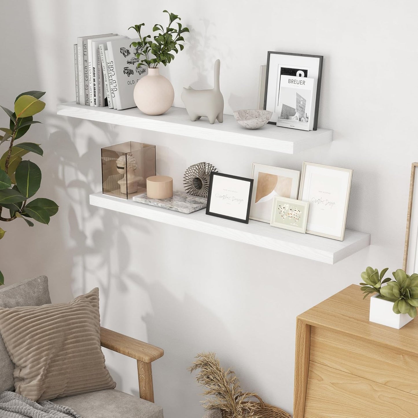 Fun Memories White Floating Shelves 48 Inch Long, Wood Wall Shelves 48x9.3x1.5, 9.3 Inch Deep Floating Shelf for Wall, Large White Shelves for Home Decor & Storage, Set of 2