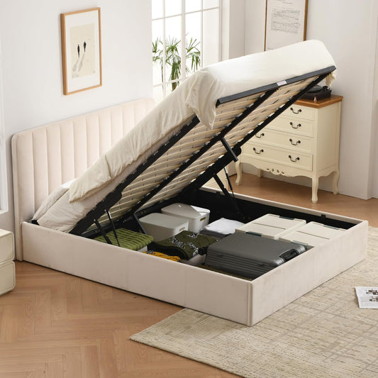 PINJU Queen Size Storage Bed with Hydraulic Lift, Upholstered Platform Bed, Simple Vertical Line Design, Wooden Slat Support, No Spring Required (Cream, Queen (U.S. Standard))