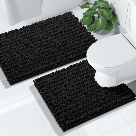 Yimobra Bathroom Rugs Sets 2 Piece - Quick Dry Extra Thick Luxury Chenille Bath Mat, Non Slip Super Absorbent for Tub Shower Sink, Machine Washable Shaggy Floor Mat, 32"x20"+24"x20" Inch, Black