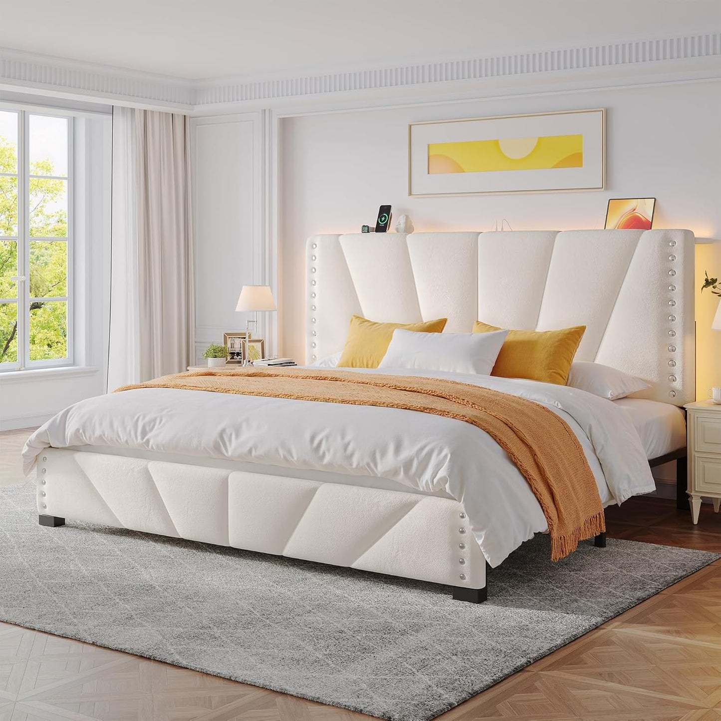 EnHomee King Size Bed Frame, Velvet Bed Frame with Headboard and Led Light, Platform Bed Frame for Bedroom Apartment, Dorm, Noise-Free, Easy Assembly, Beige