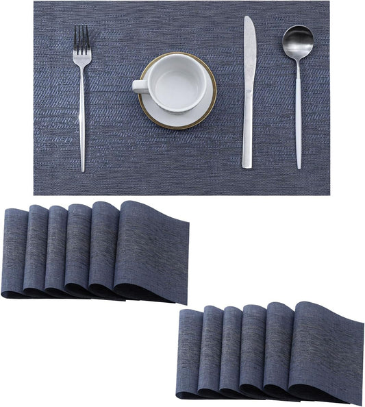 Leetaltree Denim Blue Placemats Set of 12 - Heat Resistant Non-Slip Place mats for Dining Table, Washable Durable PVC Vinyl Woven Table Mats（Denim Blue, 12）