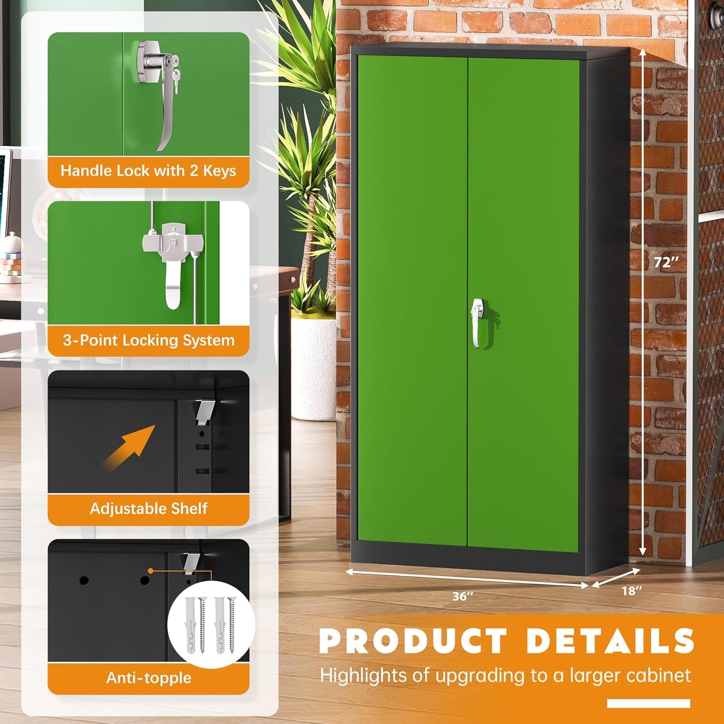 Greenvelly Metal Garage Storage Cabinet with 2 Doors and 4 Adjustable Shelves, 72”H Steel Lockable Storage Cabinet,Tall Metal Cabinet Locking File Cabinet for Office,Home, Garage, Gym, School