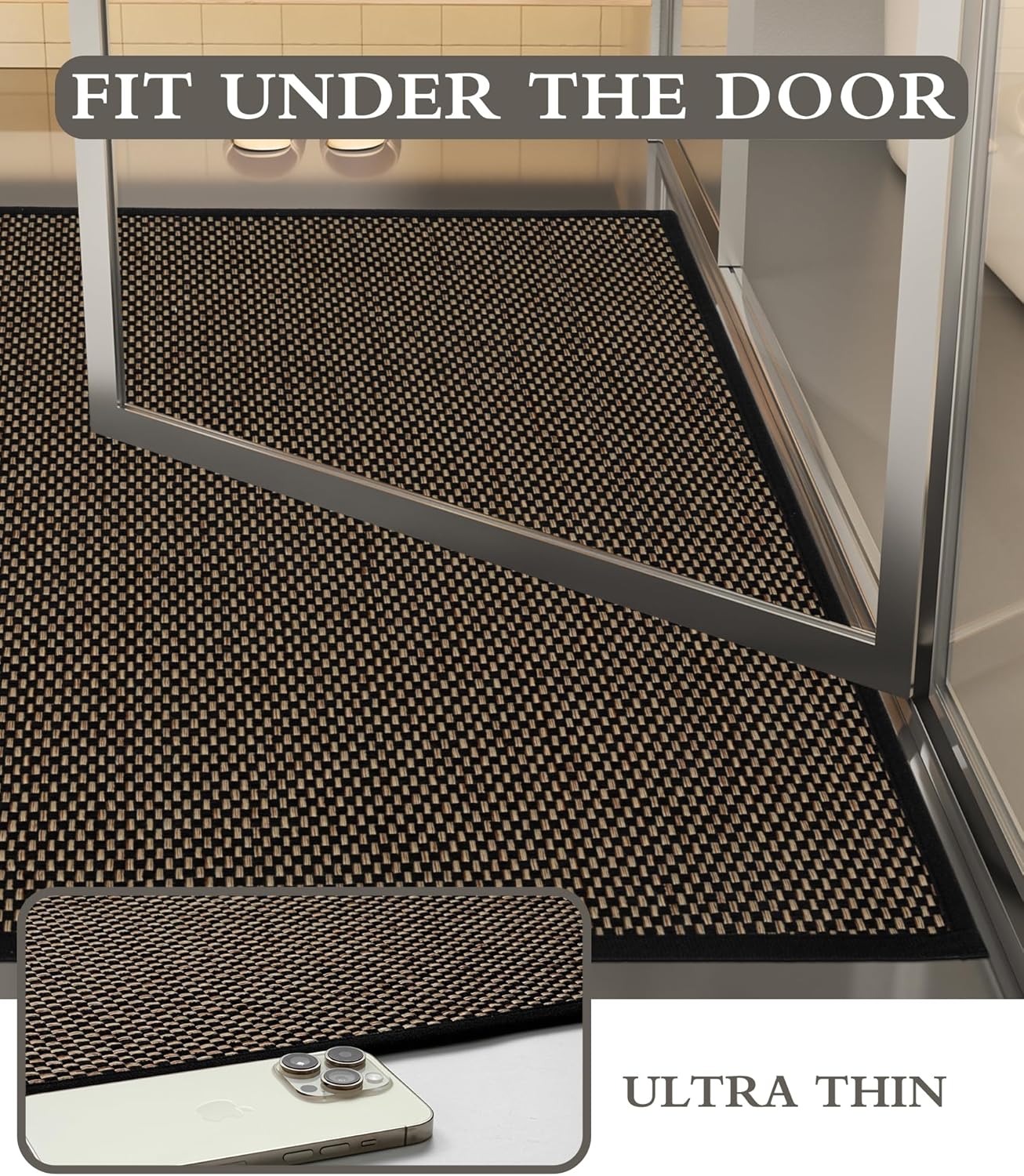 YIHOUSE Bathroom Rugs Sets 3 Pieces, Black Ultra Thin Bath Mats Fit Under Door, Absorbent Quickly Dry Rubber Backing Braided Bath Mat Set, Non Slip Washable Bath Rugs for Bathroom Floor, Black