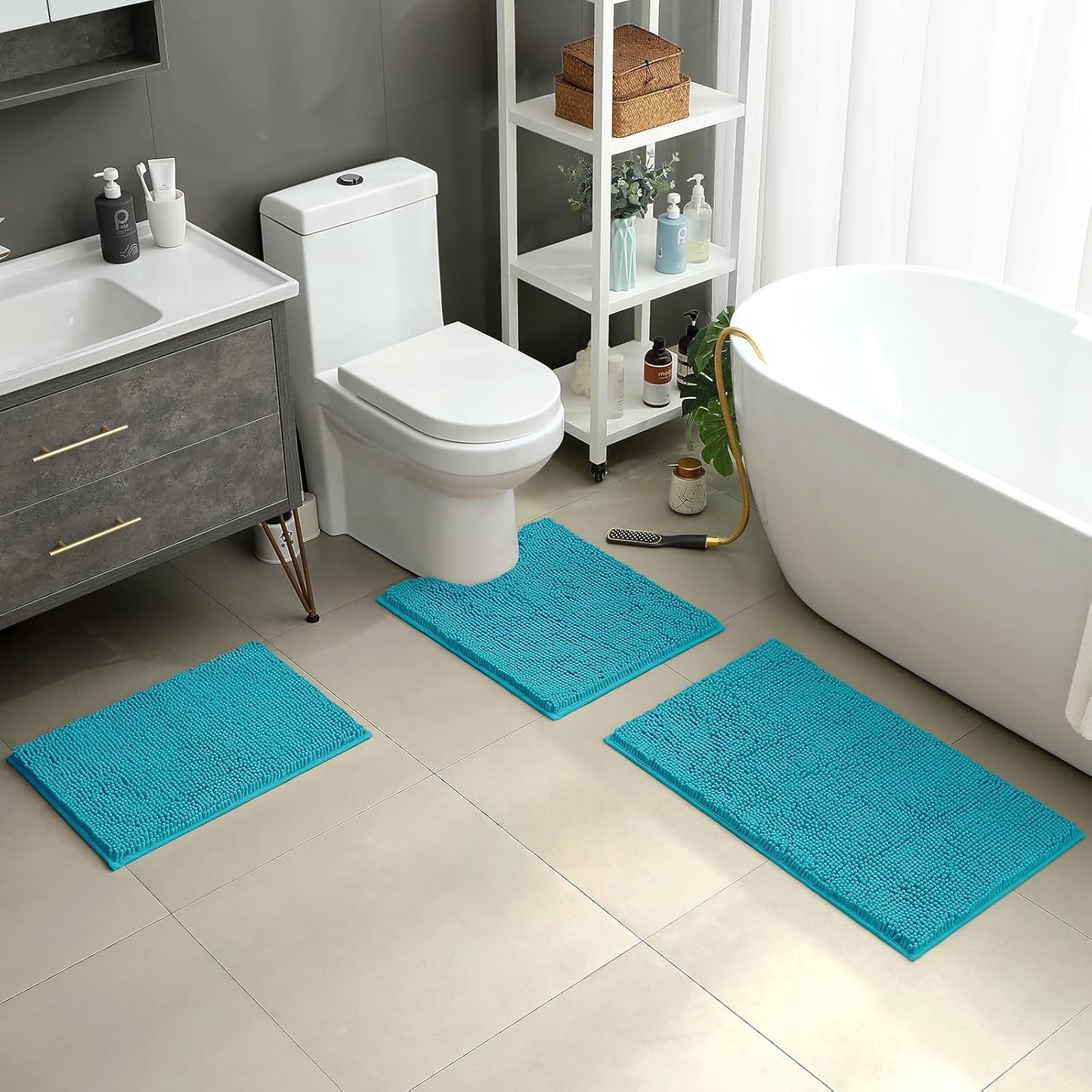 HOMEIDEAS 3 Pieces Bathroom Rugs, Ultra Soft Non Slip Absorbent Chenille Toilet Bath Mat Set (Teal Blue,17"x24"+20"x32"+U Shape 20"x24")