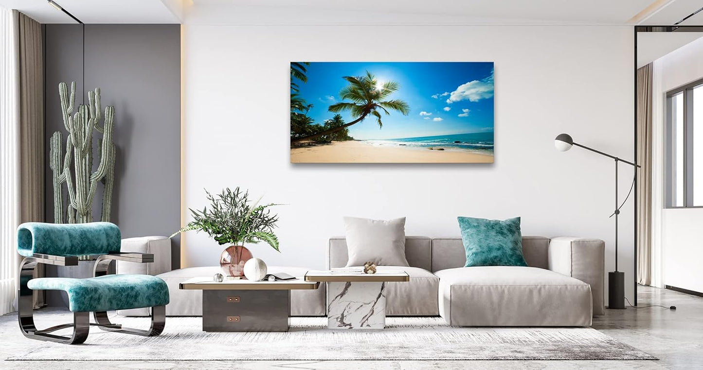 Muolunna X0650 Large Canvas Wall Art Summer Ocean Waves Prints Coconut Trees Beach Seascape Painting Hawaii Sea Nature Pictures Stretched and Framed for Living Room Home Office Wall Decor Artwork