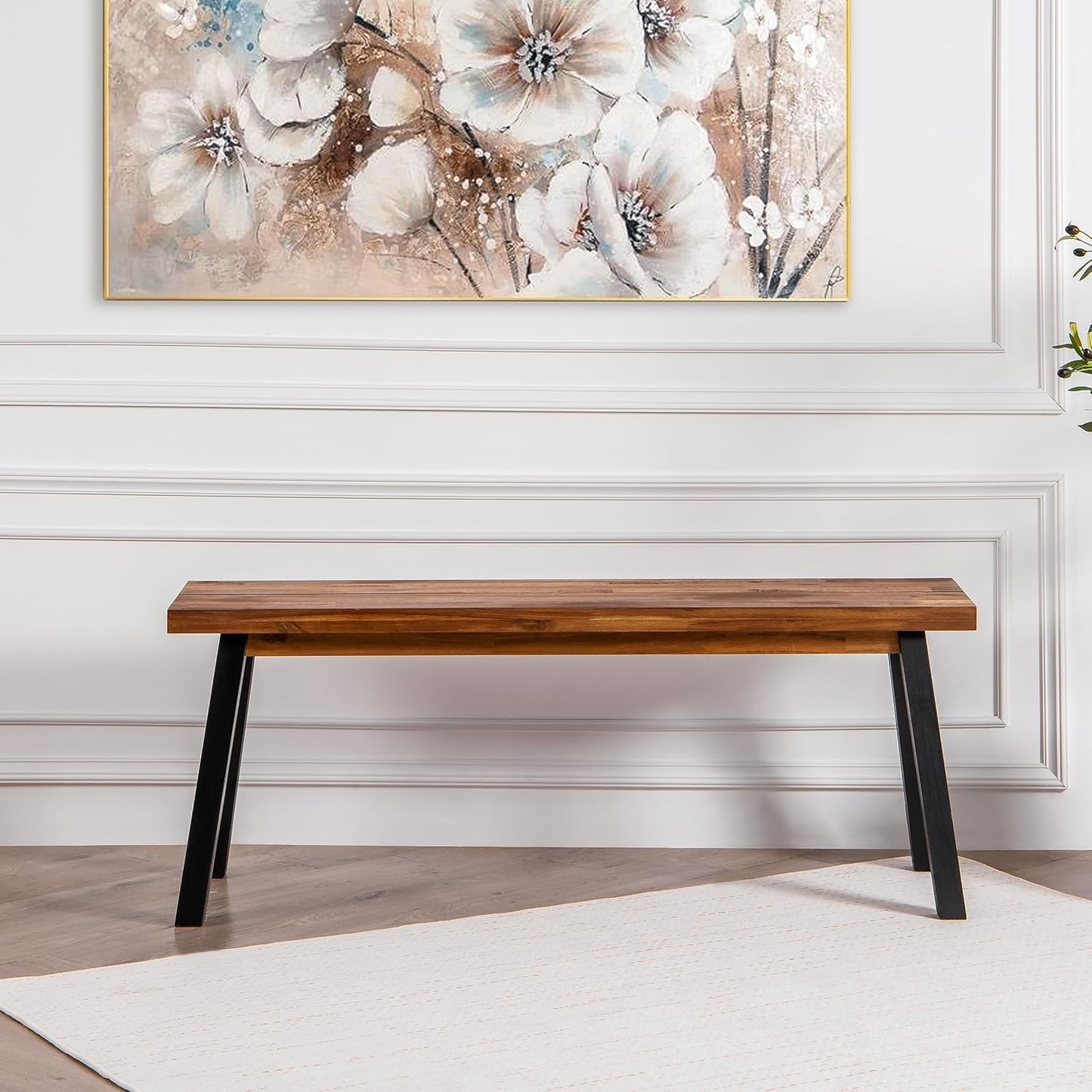 Solid Wood Bench - Minimalist Design, Acacia Wood Construction, Natural top-Black Leg Color, Versatile for Entryway,Living Room,Bedroom & Outdoors,Easy Assembly & Weather-Resistant