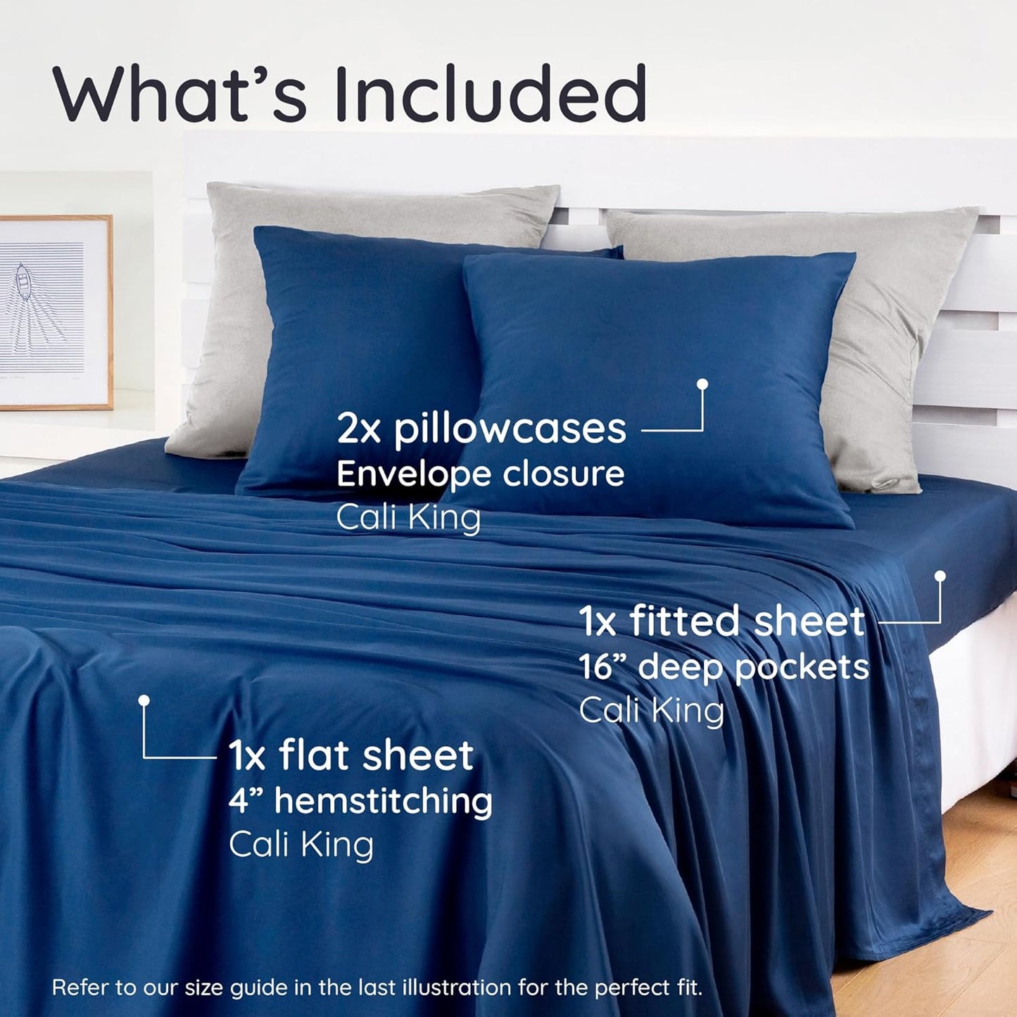 Bambaw California King Sheet Set 4pcs – 100% Viscose Derived from Bamboo Sheets, Deep Pocket Cooling Sheets, Fits Up to 16'' with Elastic Corner Straps, Extra Soft Sheet Set (Navy Blue)