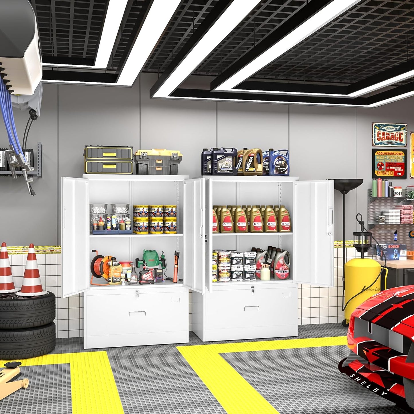 Greenvelly Metal Storage Cabinet,White Steel Lockable Lateral File Cabinet with Doors and Shelves for Home Office Hanging Files Letter/Legal/F4/A4 Size