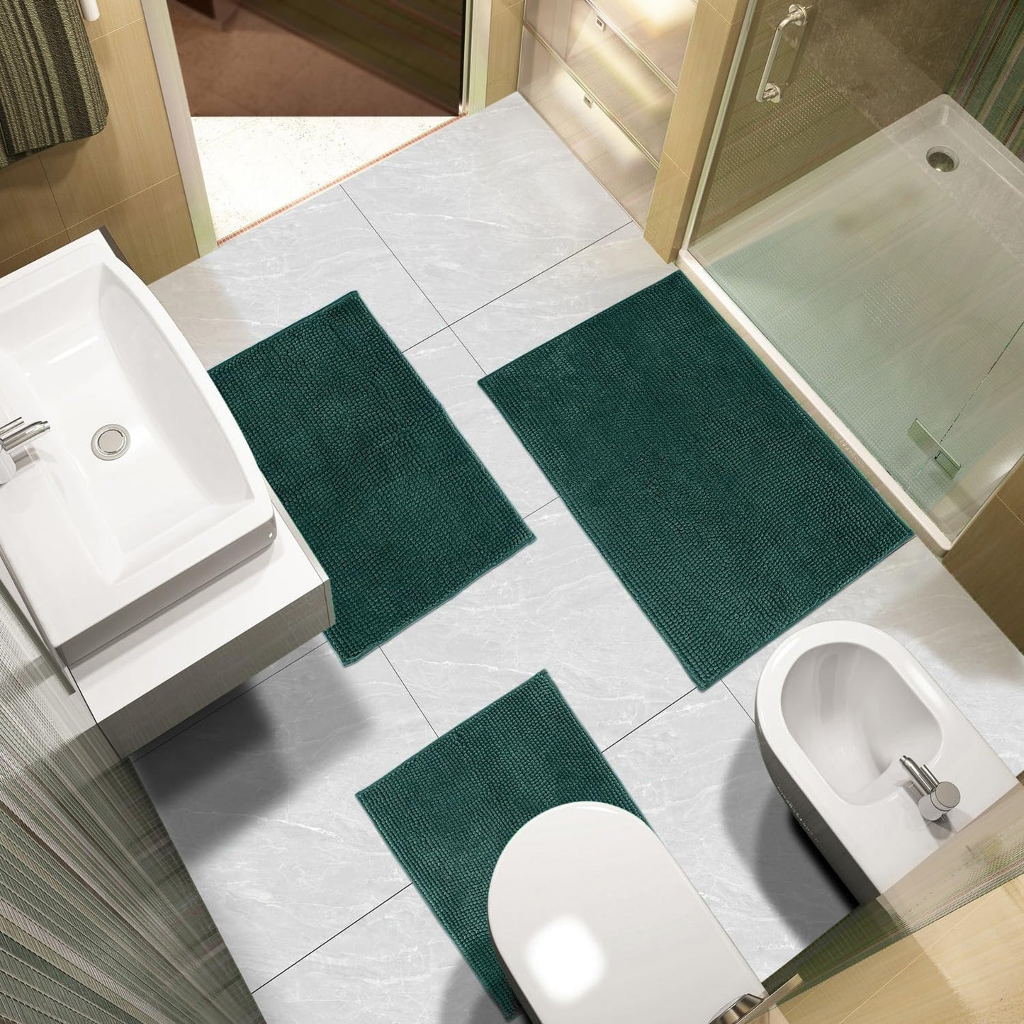 Urvoix Bathroom Rugs Sets 3 Piece, Non-Slip Chenille Bath Rug - Ultra Soft, Washable, Super Absorbent Bath Mat for Bathroom, Toilet and Tub (Dark Green)