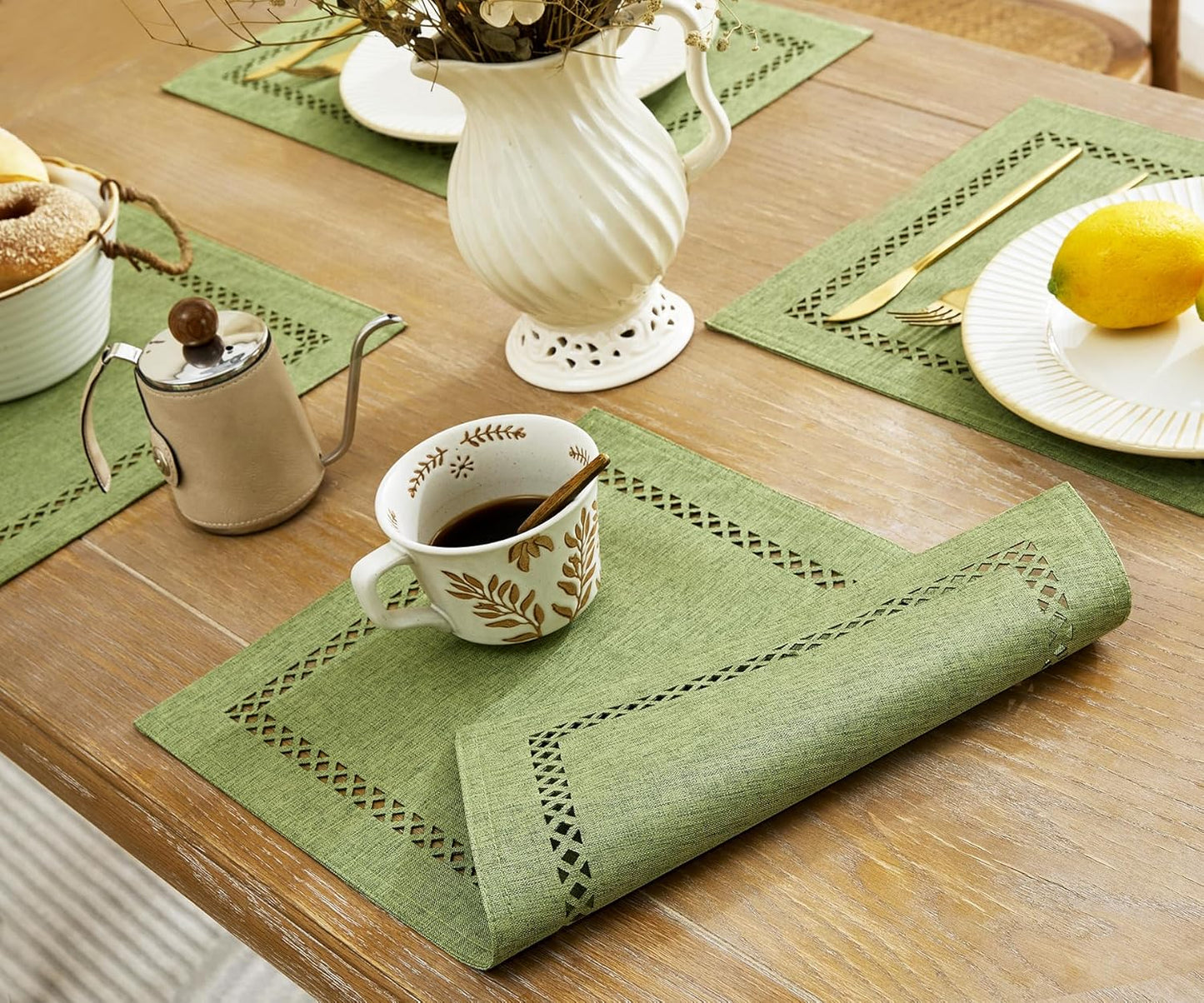 Burlap Placemats Set of 4, 12 x 18 Inch Rustic Geometric Hollow Place Mats, Heat Resistant Placemats for Farmhouse Kitchen Table Decor, Sage Green 4PCS