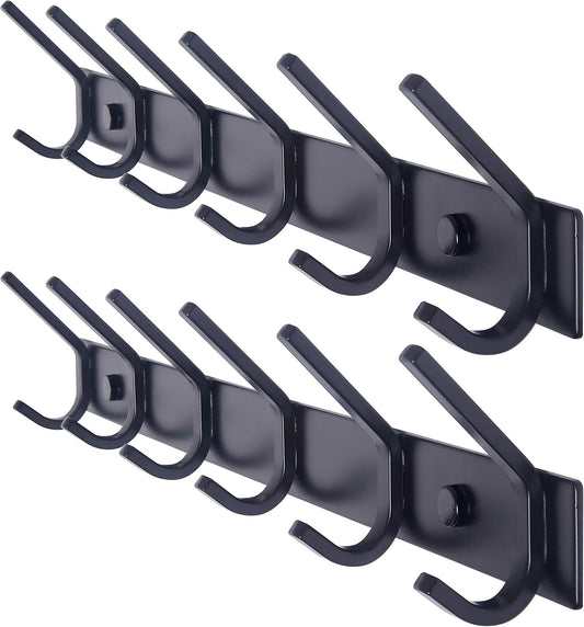WEBI Coat Rack Wall Mounted,17-1/8 Inch Coat Hooks for Hanging Coats,Heavy Duty Metal Hook Rack Rail with 6 Double Dual Hooks Coat Hanger Wall Mount for Clothes Jacket,Black,2 Packs