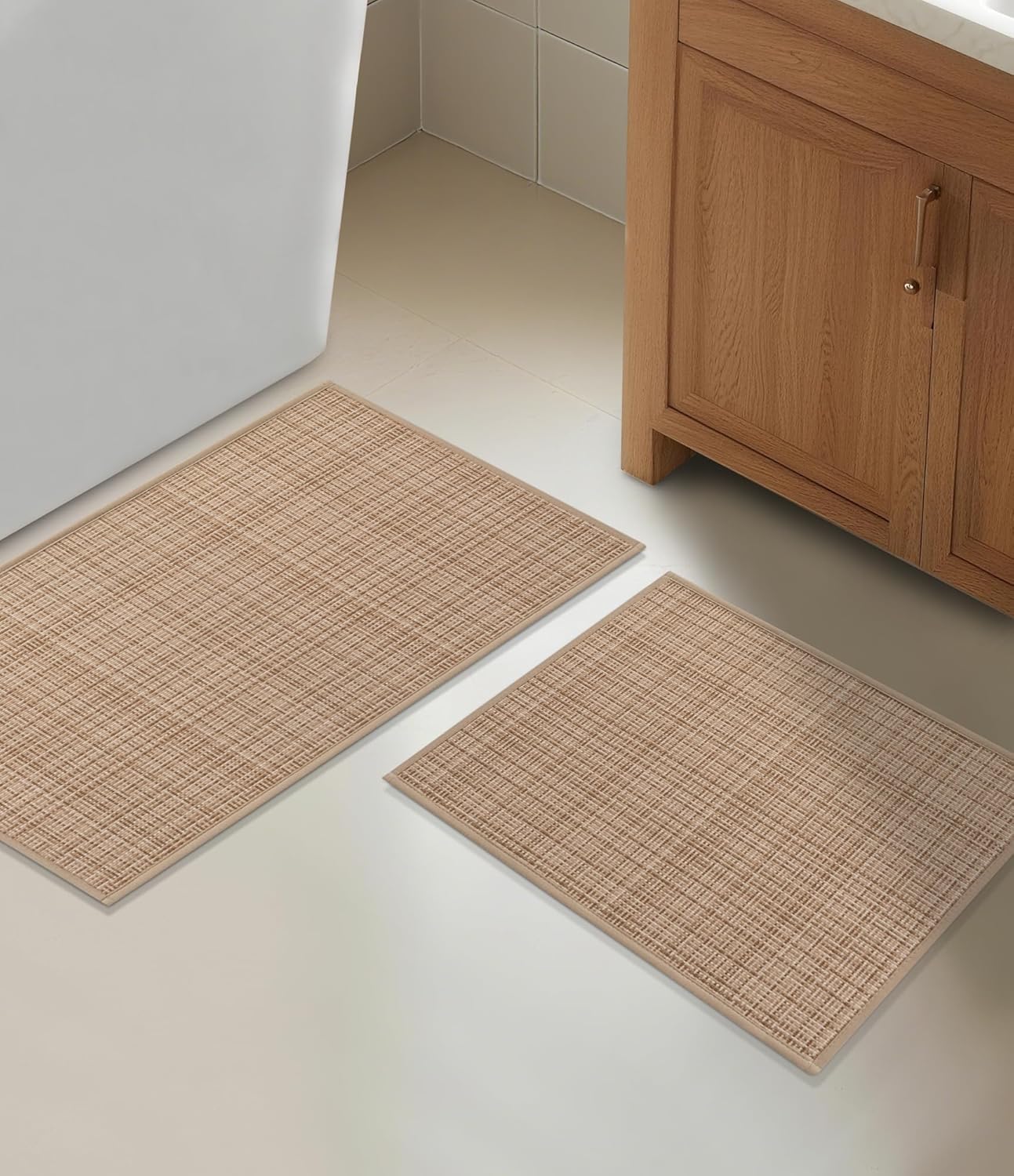 YIHOUSE Bathroom Rugs Sets 2 Pieces, Khaki Ultra Thin Bath Mats Fit Under Door, Absorbent Quickly Dry Rubber Backing Braided Bath Mat Set, Non Slip Washable Bath Rugs for Bathroom Floor, Khaki