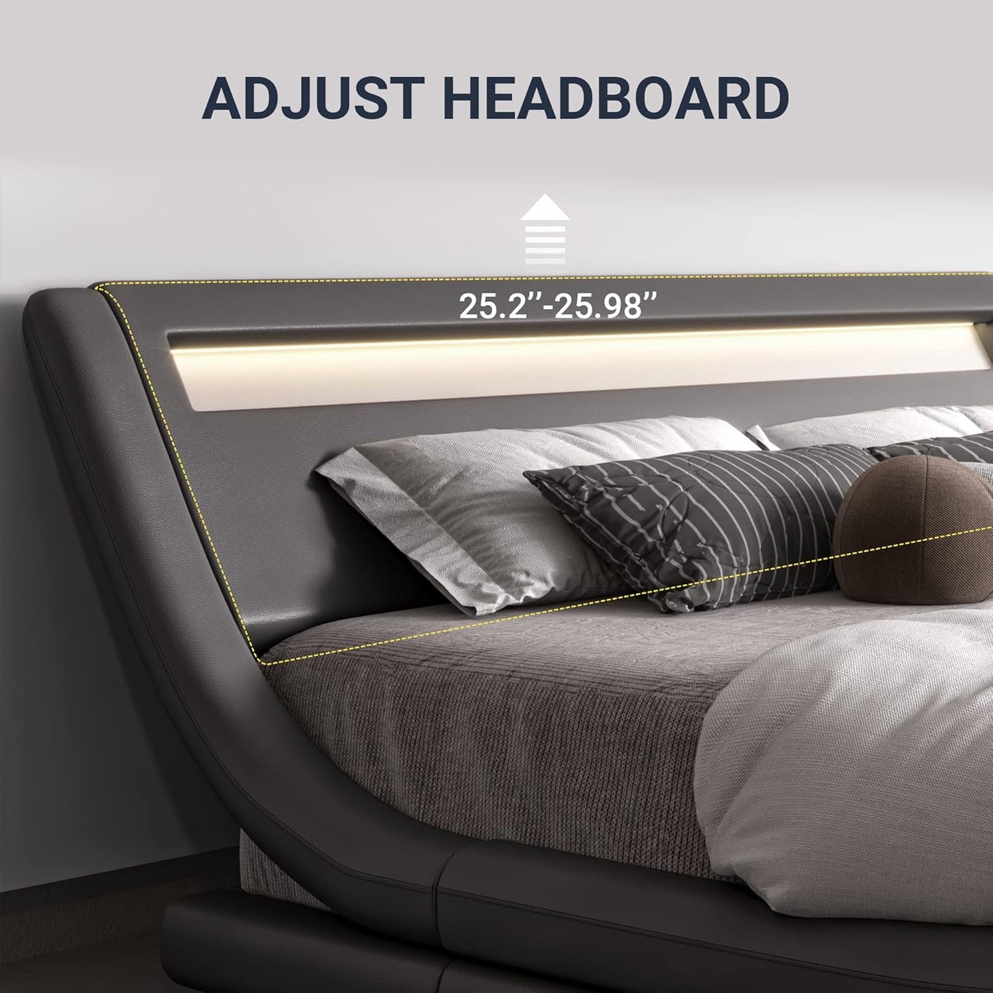 Allewie Queen Size LED Platform Bed Frame with Adjustable Headboard/No Box Spring Need/Easy Assembly/Faux Leather in Grey