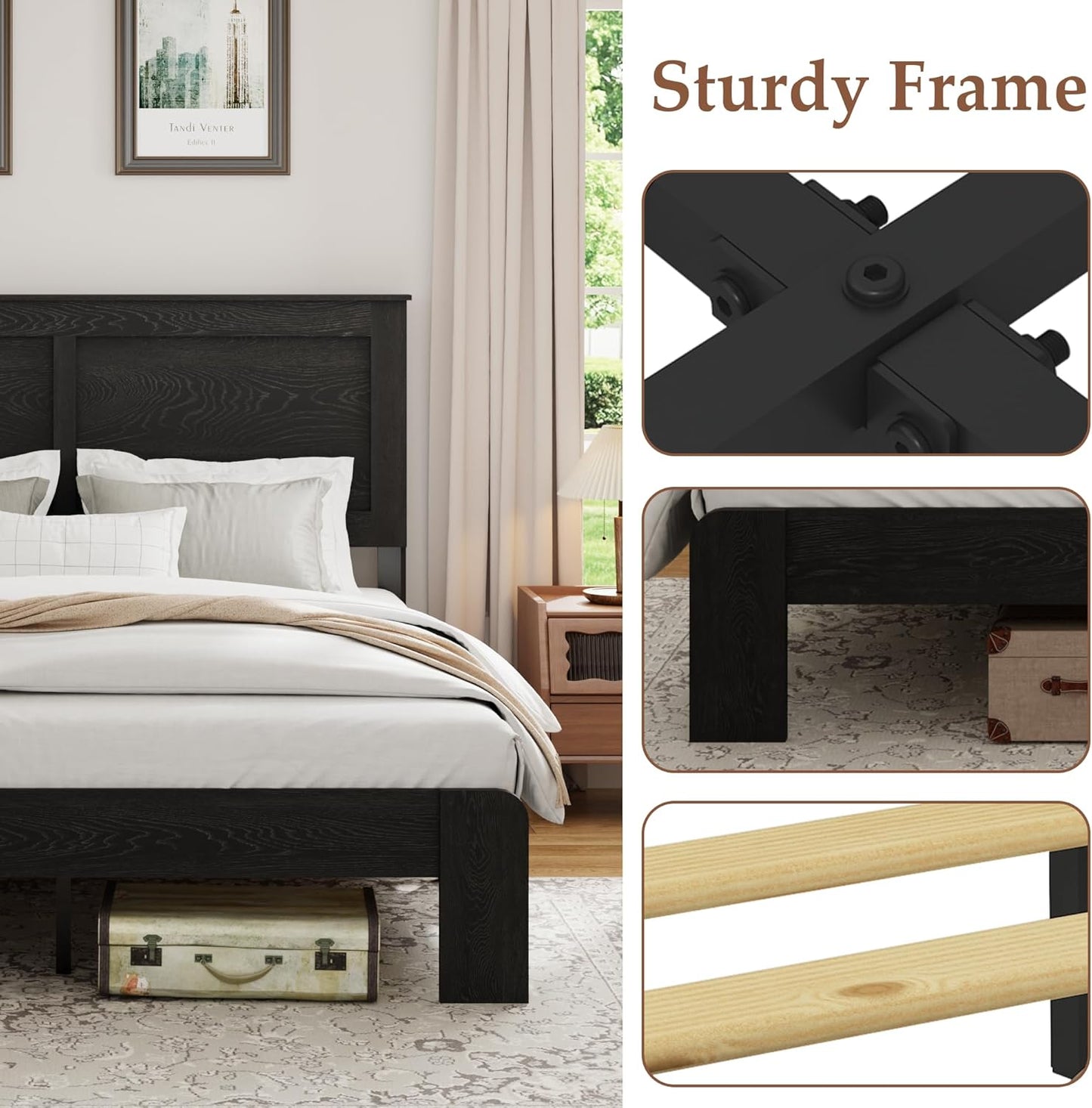 Wood Platform Bed Frame, Full Bed Frame with Headboard and Wood Slat Support, Easy Assembly, No Box Spring Needed, Noise-Free, Black