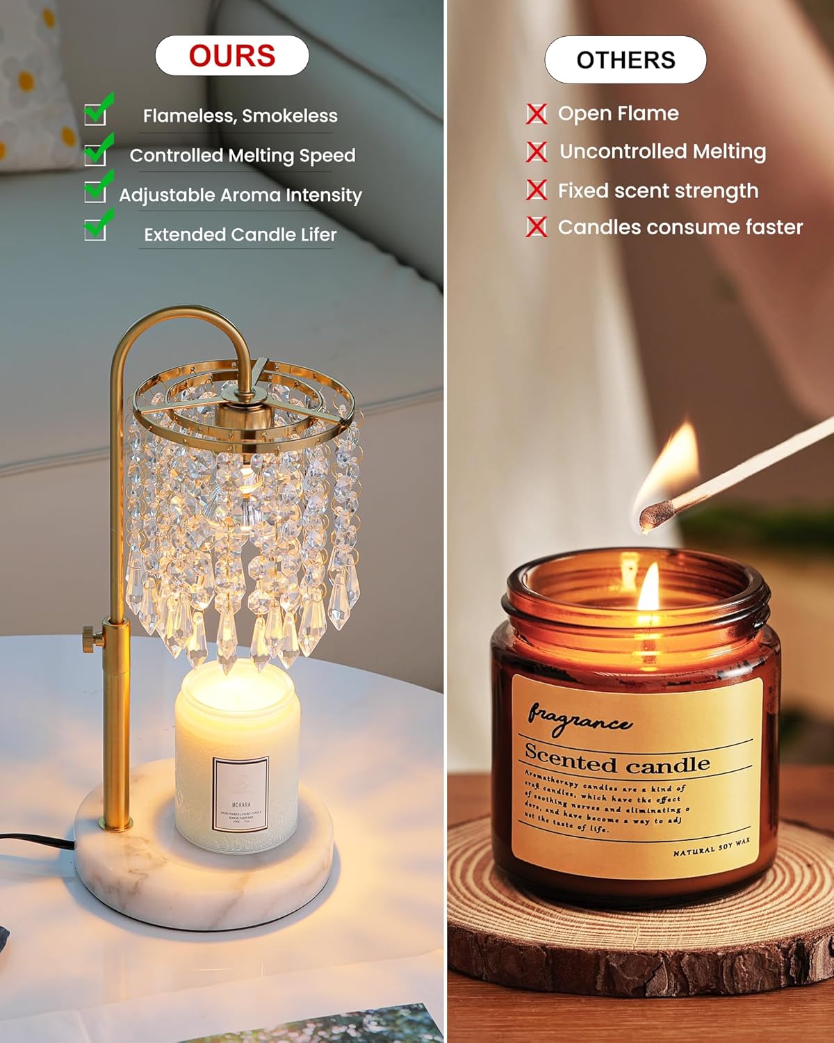 Minimalist Crystal Candle Warmer with Timer Dimmer and 3 Bulbs, Adjustable Height Marble Base for Jar Candles, Ideal House Warming Gift