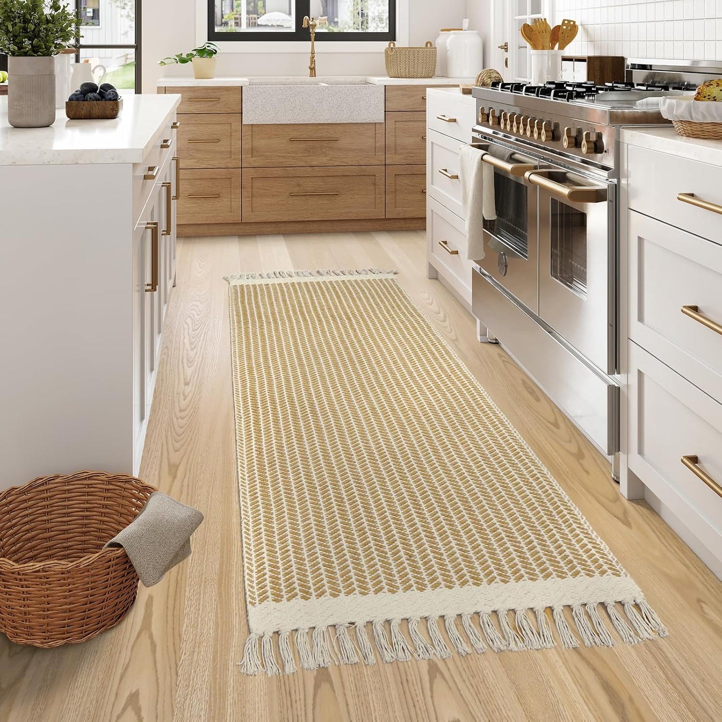 Lahome Boho Bathroom Runner Rug, 2x6 Laundry Room Lightweight Entry Runner Woven Cotton Throw Carpet with Tassels, Farmhouse Non Shedding Washable Rugs Low Pile for Kitchen Hallway, Khaki