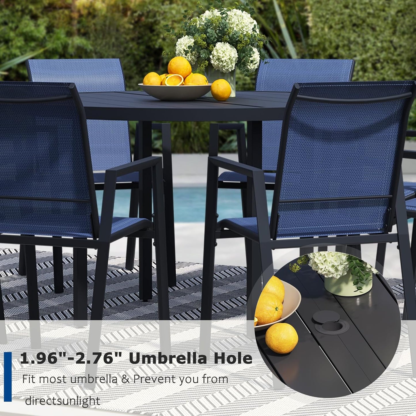 9 Piece Outdoor Dining Set, Patio Table and Chairs Set of 8, 60" Black Round Patio Table with 8 Blue Stackable Patio Chairs for Lawn, Garden, Porch