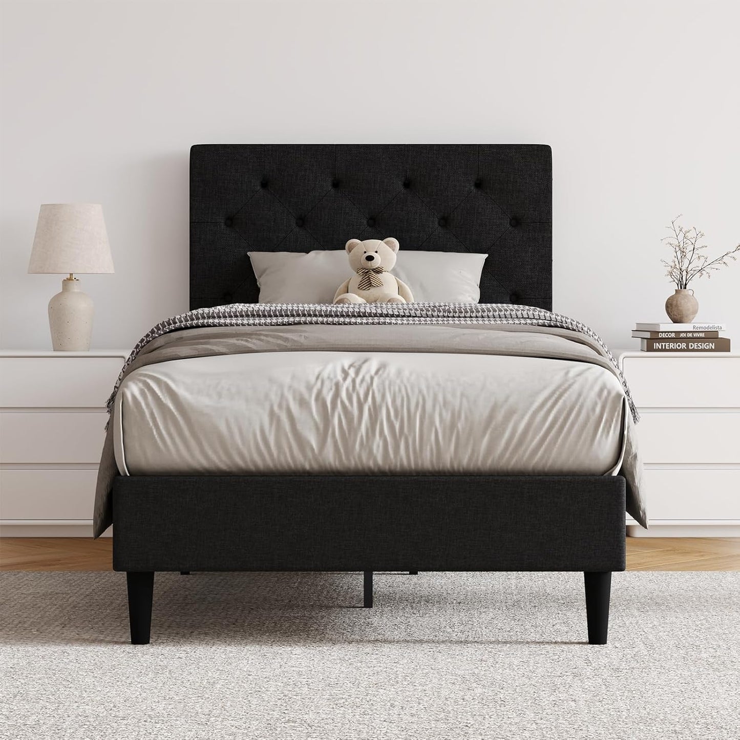 HOMBCK Twin Size Bed Frame with Headboard, Linen Fabric Upholstered Platform Bed Frame for Kids, Twin Bed Frame with Button Tufted, Wooden Slat Support, No Box Spring Needed, Easy Assembly, Black