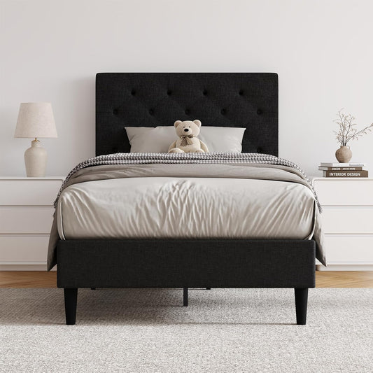 HOMBCK Twin Size Bed Frame with Headboard, Linen Fabric Upholstered Platform Bed Frame for Kids, Twin Bed Frame with Button Tufted, Wooden Slat Support, No Box Spring Needed, Easy Assembly, Black