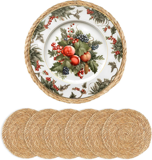 Round Woven Placemats - Boho Rattan Placemats Natural Water Hyacinth Farmhouse Weave Place Mats, Rustic Braided Wicker Table Mats for Dining Table,Home,Wedding (12 inch Set of 6)