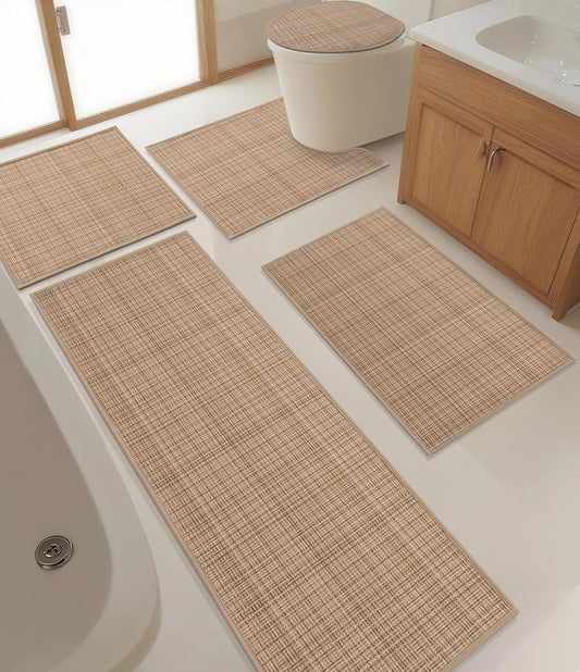 YIHOUSE Bathroom Rugs Sets 5 Pieces, Khaki Ultra Thin Bath Mats Fit Under Door, Absorbent Quickly Dry Rubber Backing Braided Bath Mat Set, Non Slip Washable Bath Rugs for Bathroom Floor, Khaki