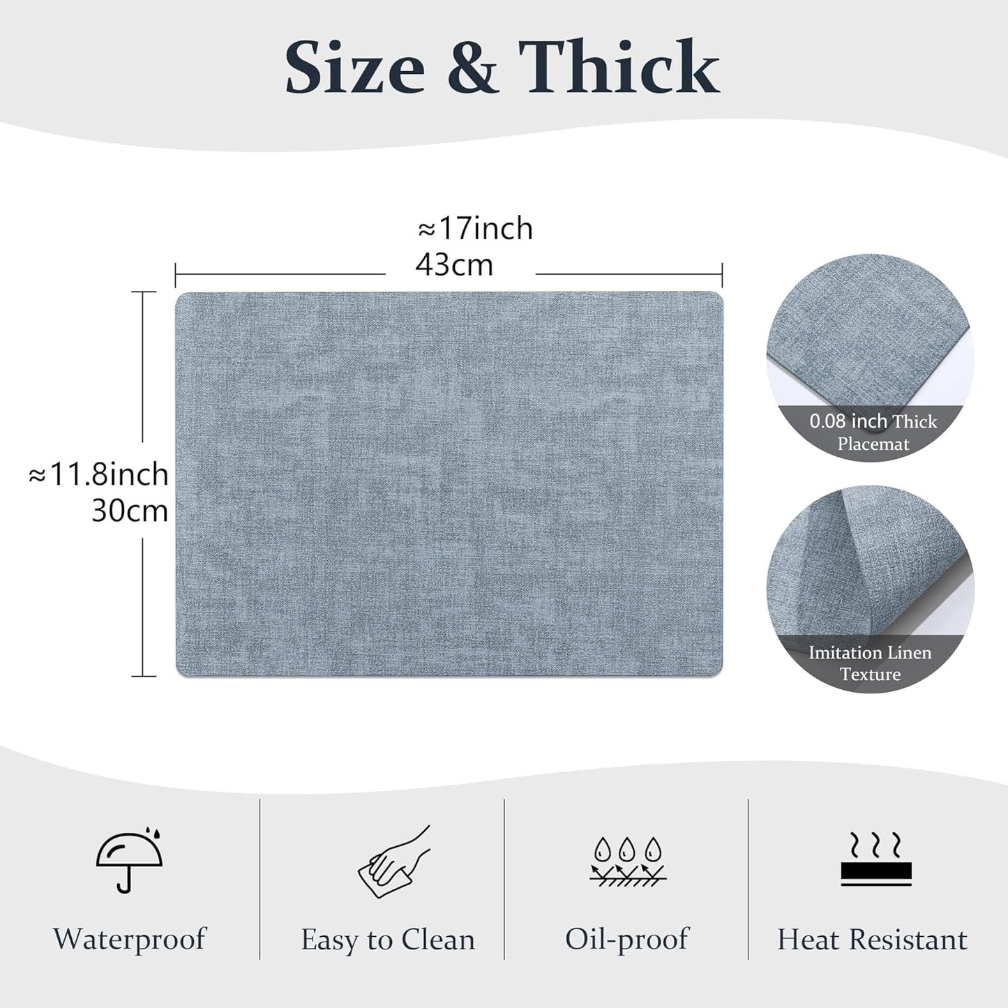 FROMHEART Faux Leather Placemats Set of 4–Waterproof,Heat/Oil Stain-Resistant PU Table Mat–Reversible,Non-Slip,Easy to Clean Place Mats for Kitchen,Dining,Indoor/Outdoor,(Light Blue,11.8" x 17")