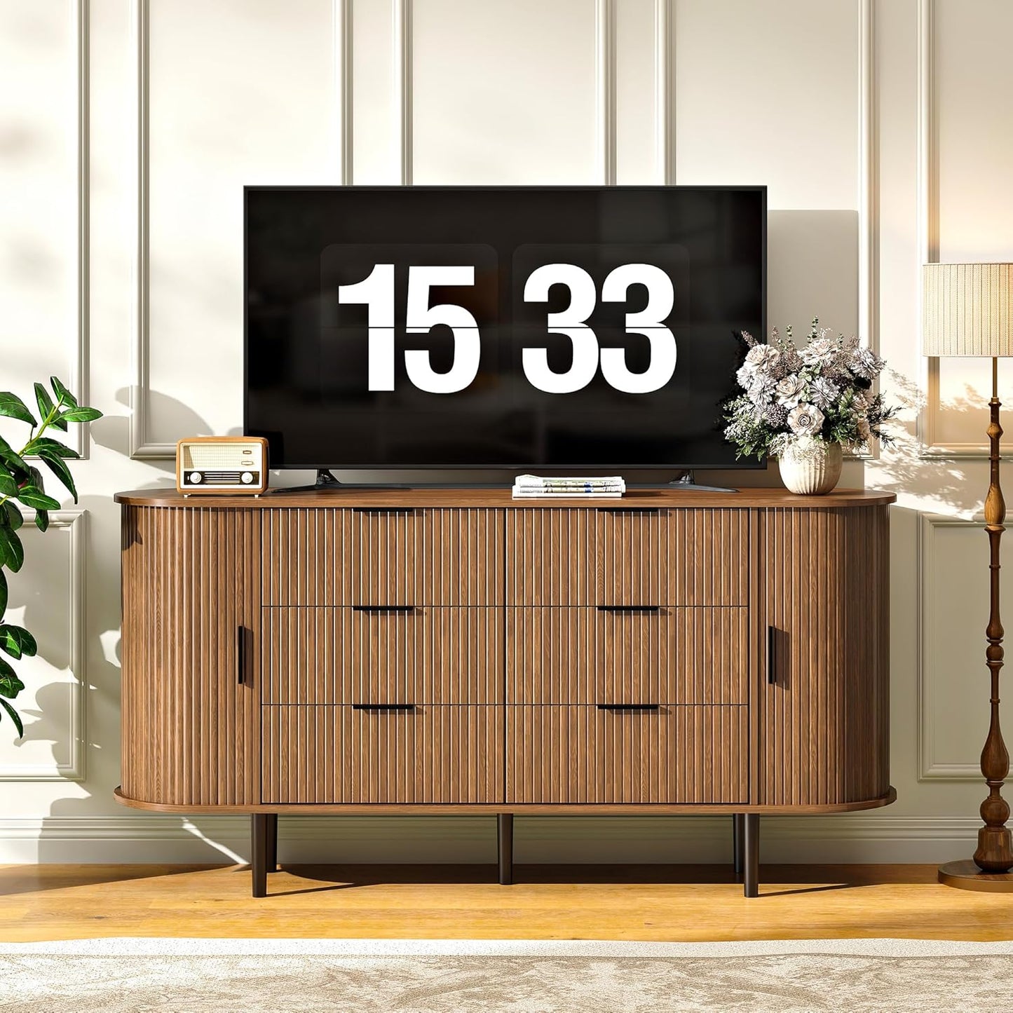Modern Curved Fluted TV Stand for TVs up to 70 Inches, TV Console with Sliding Doors and Drawers, Credenza with Storage Cabinet for Living Room, 63 Inch, Brown