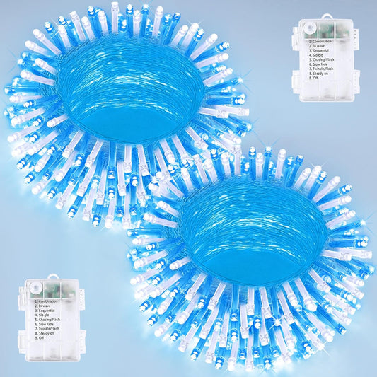 2 Pack String Lights Battery Operated with Timer, 66FT 200 LED Waterproof Battery Twinkle Lights, 8 Modes Fairy Light for Indoor & Outdoor Party Bedroom Christmas Decorations (Blue and White)