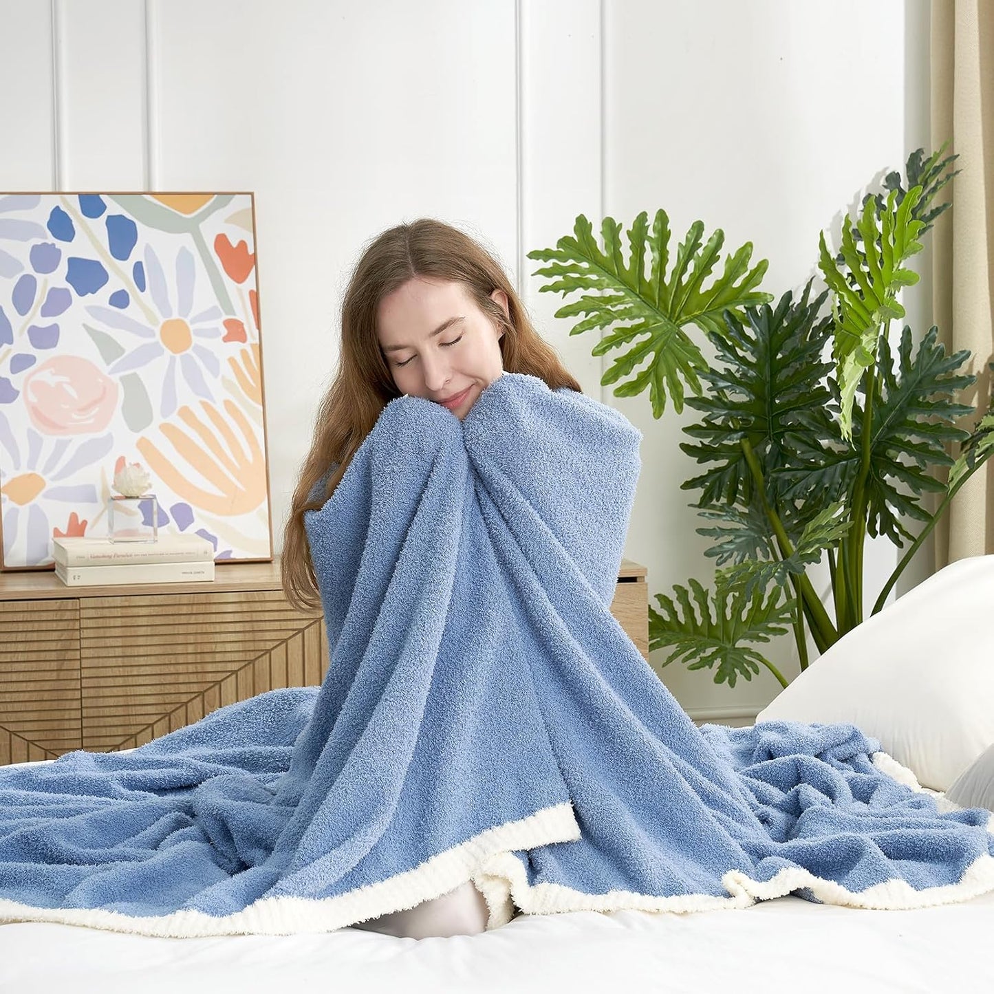 Snuggle Sac Blue Throw Blanket for Couch Bed Sofa 60x80 inches, Reversible Blue Blanket Microfiber Fluffy Fuzzy Cozy Knit Twin Blanket for Women Mothers Birthday Gifts