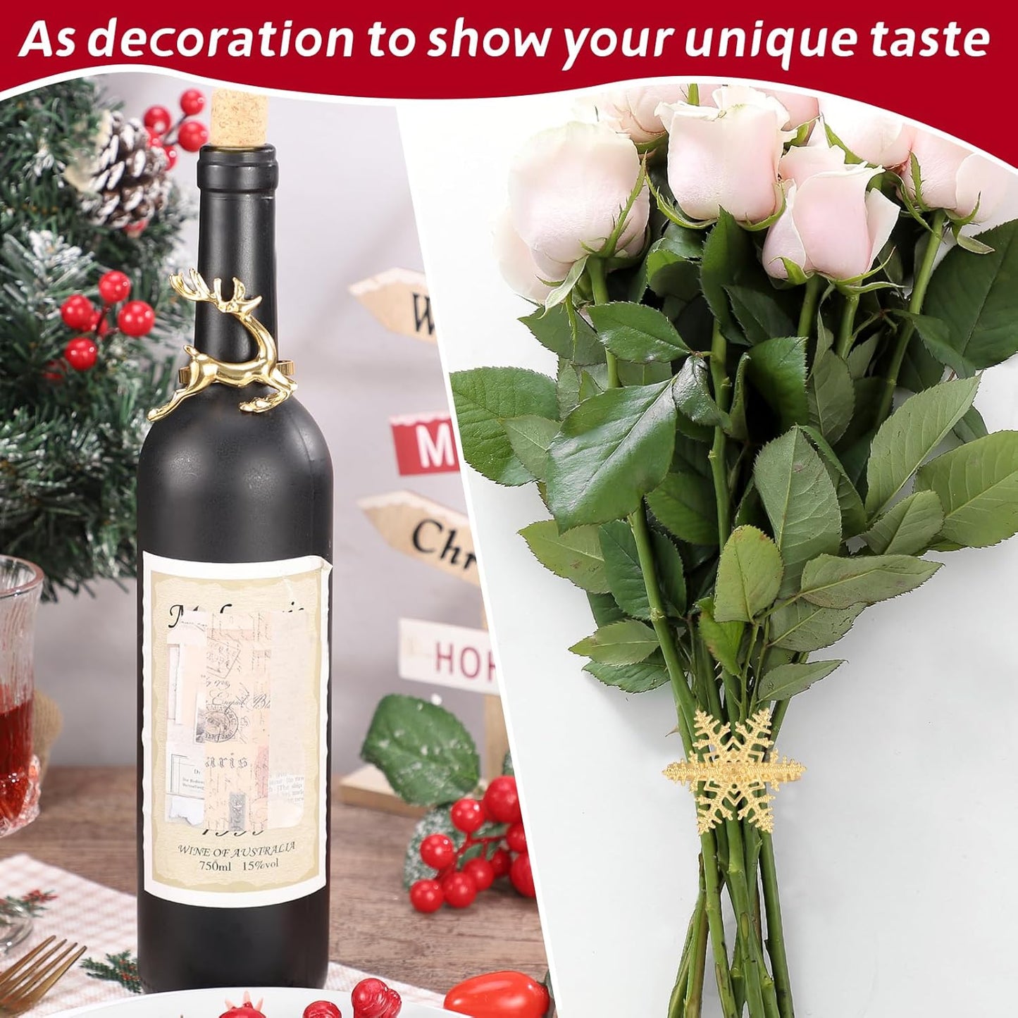 Christmas Napkin Rings Set of 12, Snowflake and Reindeer Xmas Napkin Holder Rings, Gold Winter Decorations Napkin Rings for Christmas Holiday Party, Dinner Table Setting, Wedding Adornment