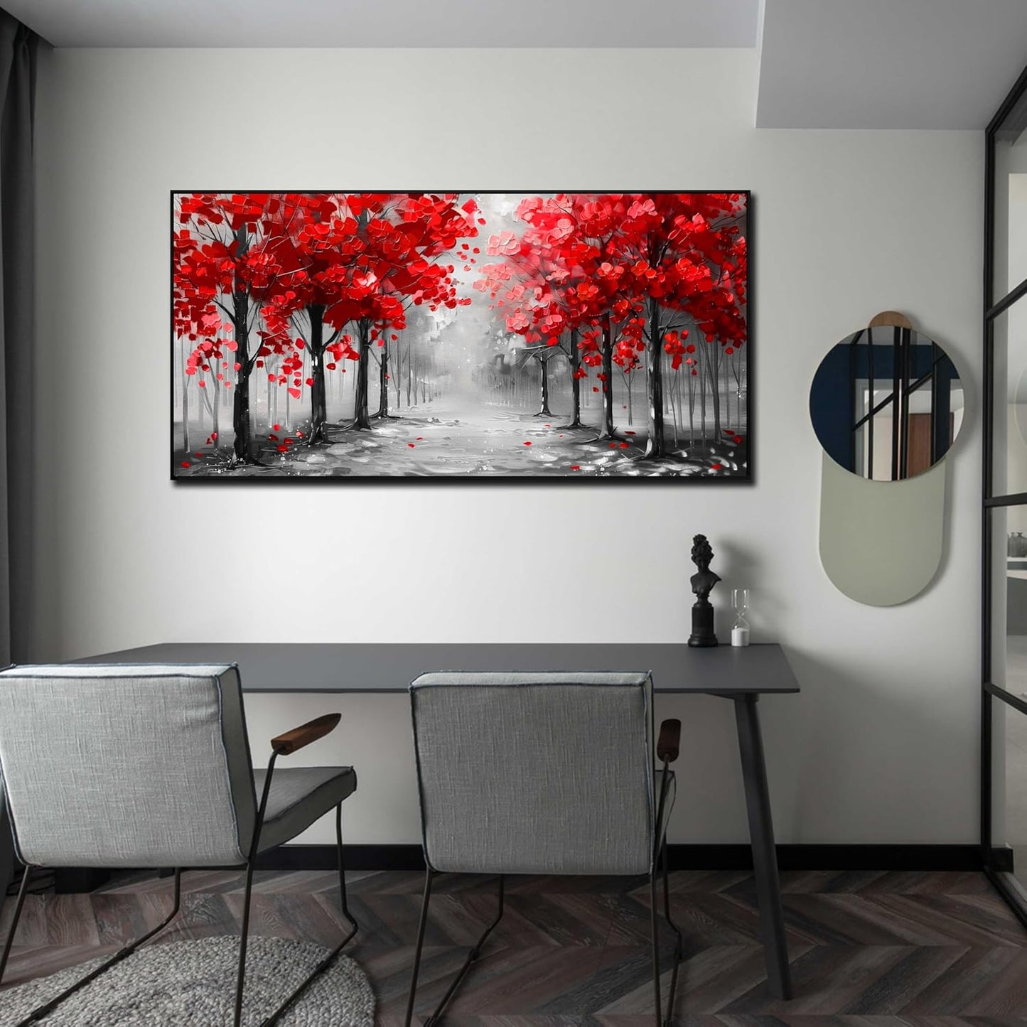 Tree Wall Art for Living Room, Black White and Red Forest Canvas Wall-Decor for Bedroom, Large Size 29x59 Inches Framed