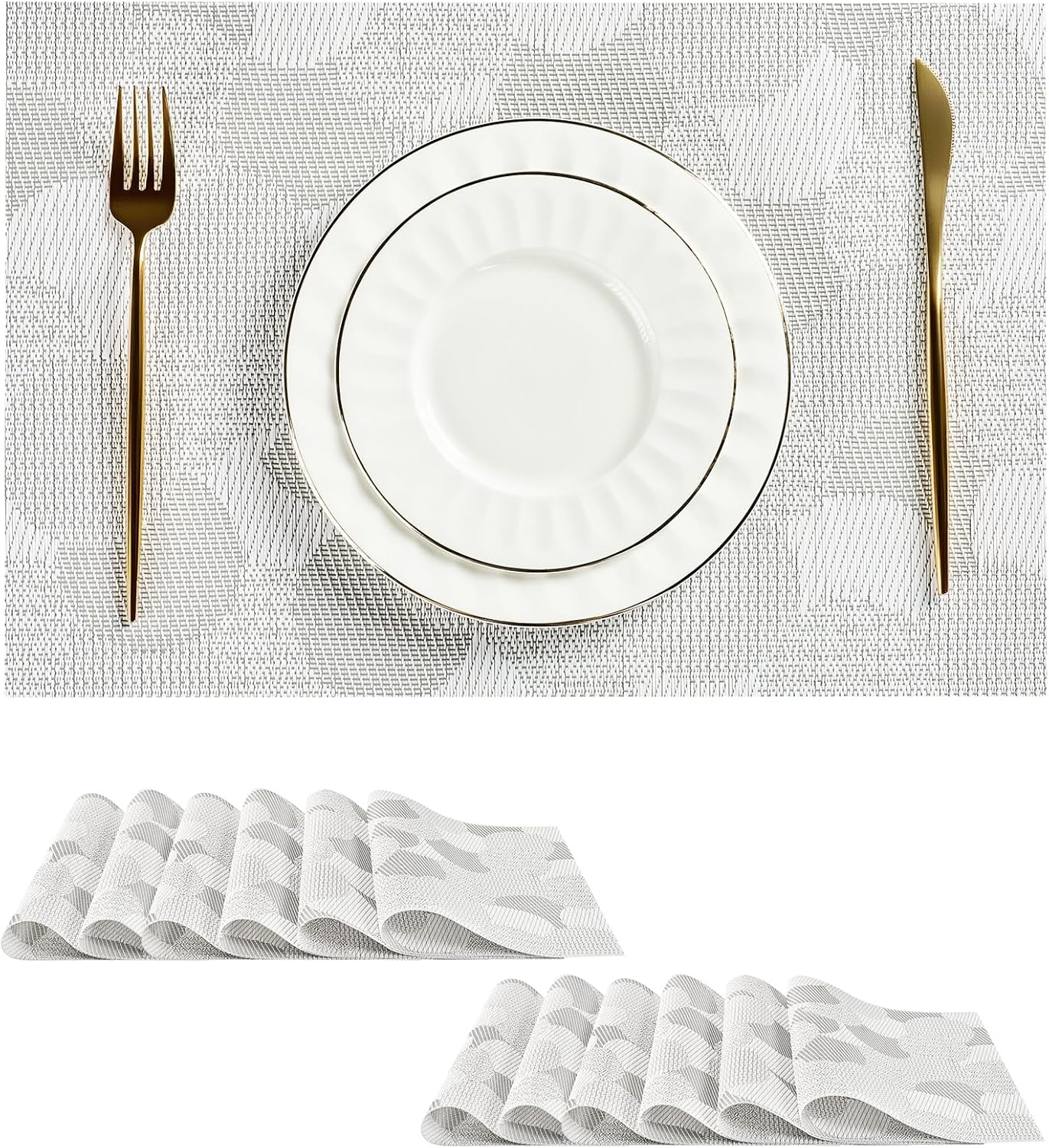 Leetaltree White Placemats Set of 12 - Heat Resistant Non-Slip Place mats for Dining Table, Washable Durable PVC Vinyl Woven Table Mats（White Circle,12）