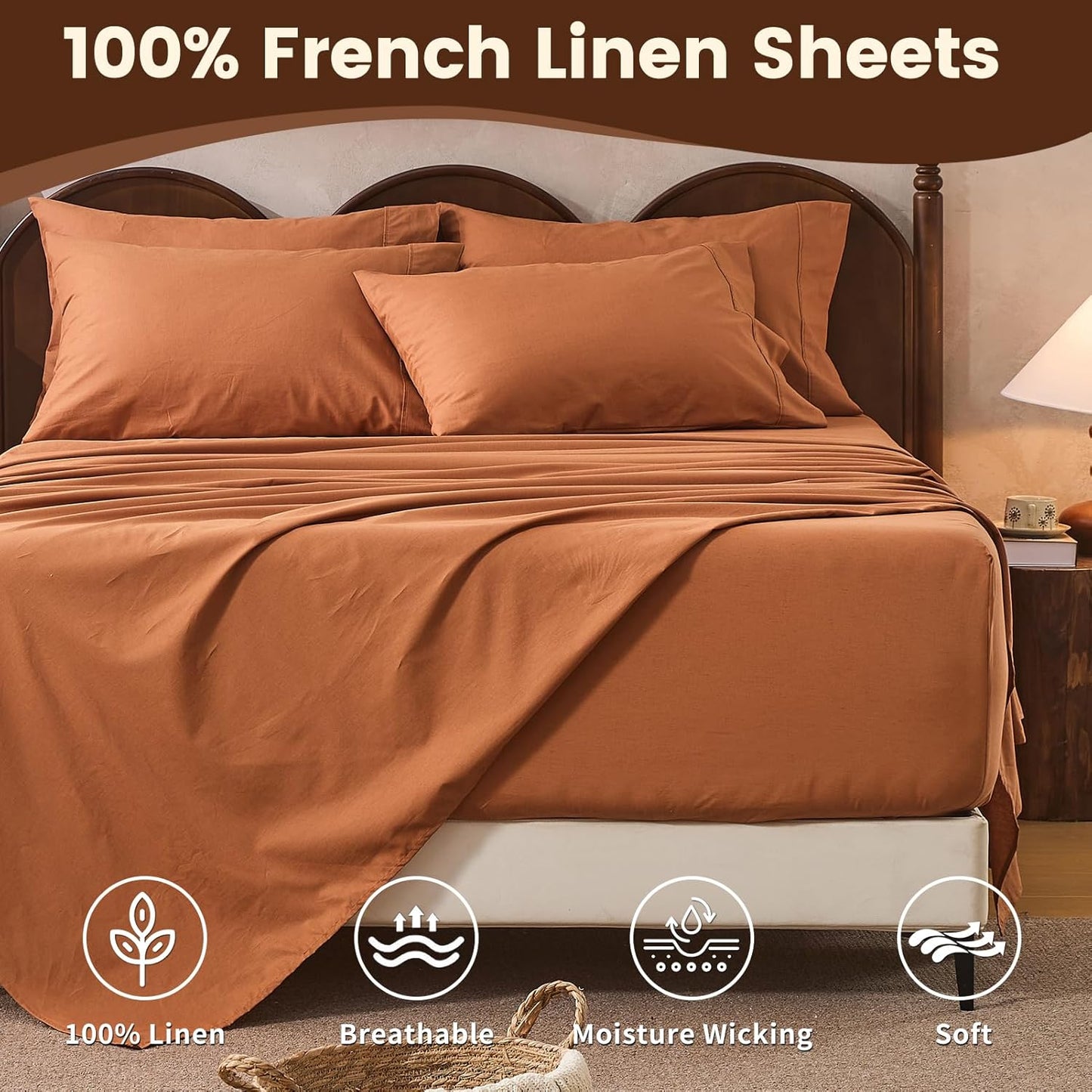 100% Linen Sheet Set King Size Extra Deep Pocket Fits 18-24 Inch Mattress, Breathable & Soft, Smooth 4-Piece Set for Thick Mattresses Hotel Luxury Bedding（King, Brown）