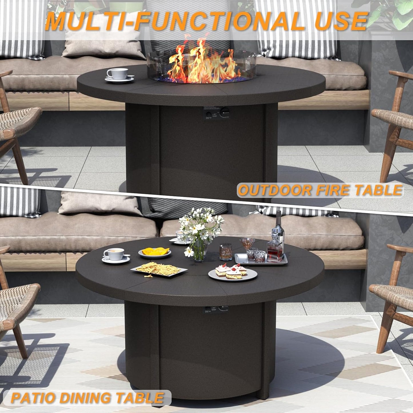 Kurapika 7 Piece Metal Outdoor Patio Furniture Set with Round Fire Pit Table, Patio Conversation Sets 6 Swivel Chairs with Thick Cushion and 40000 BTU Fire Pit Table for Deck, Navy Blue