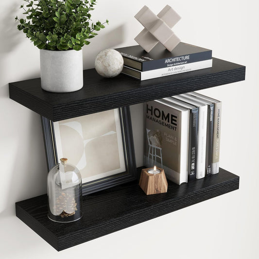 Floating Shelves for Wall with Invisible Brackets, Wall Mounted Engineered Wood Shelves with Wood Grain for Living Room, Bedroom, Bathroom, Kitchen Decor and Storage, Oak, 24"L Set of 2, Black