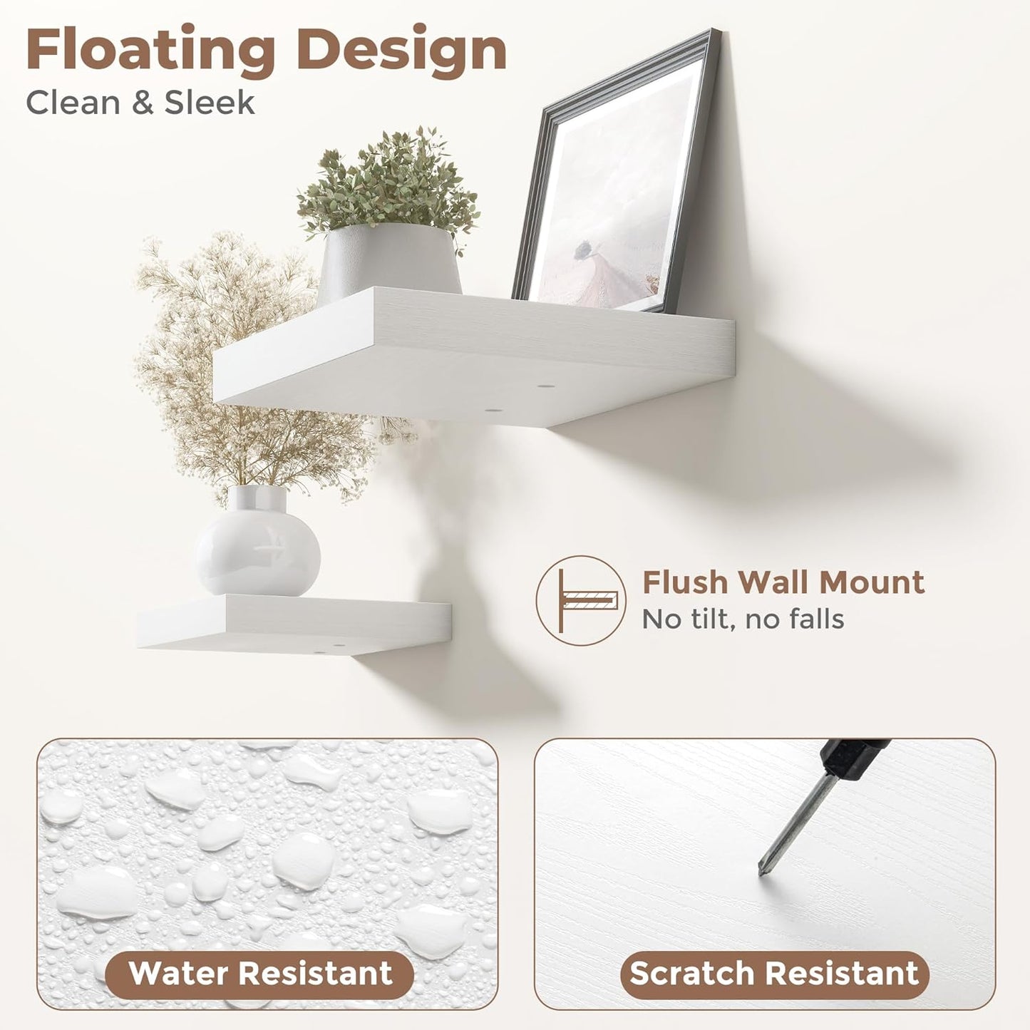 Floating Shelves for Wall with Invisible Brackets, Wall Mounted Engineered Wood Shelves with Wood Grain for Living Room, Bedroom, Bathroom, Kitchen Decor and Storage, Oak, 12"L Set of 3, White