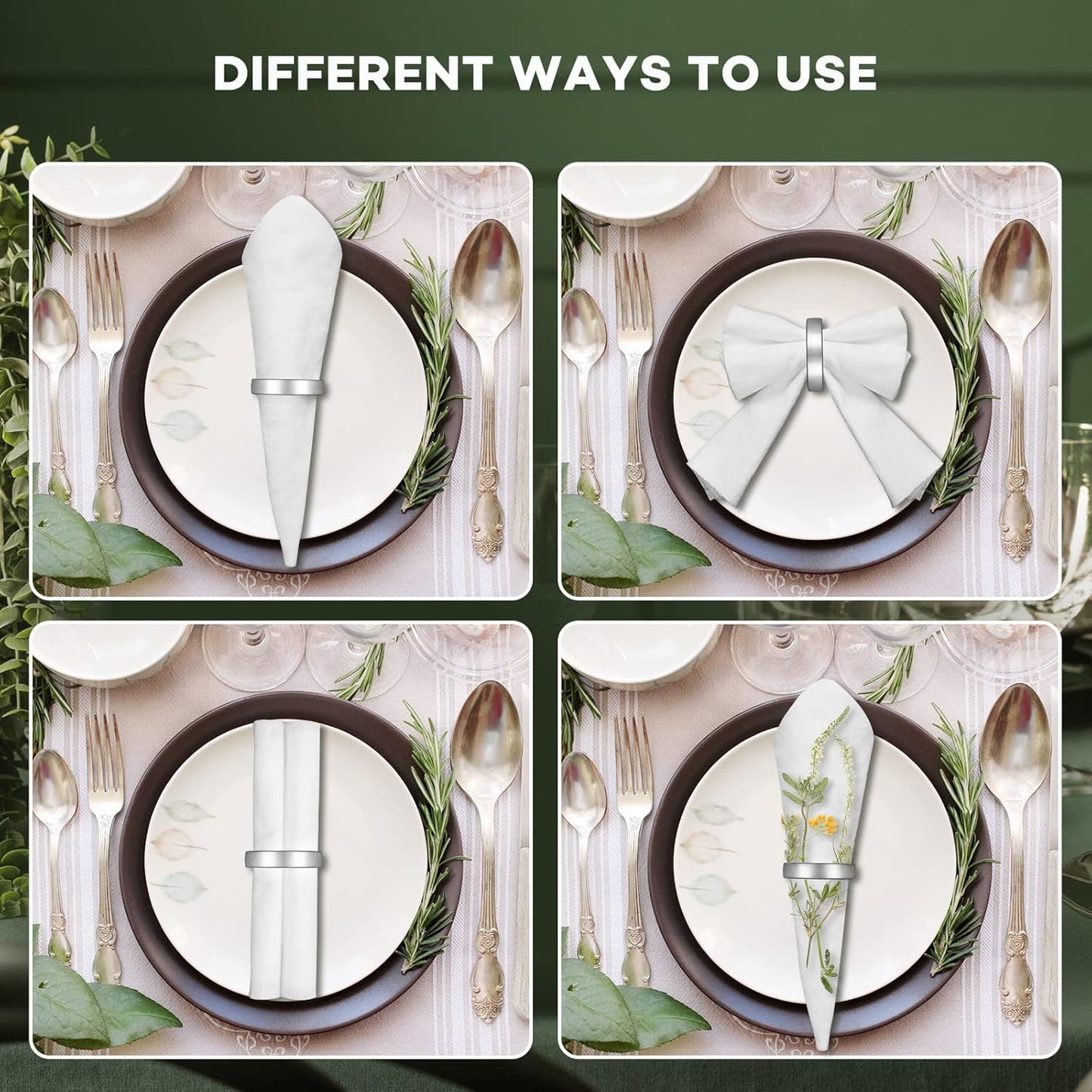 20 Pcs Stainless Steel Napkin Rings Festival Metal Napkin Ring Holders Modern Serviette Buckles Metallic Adornment for Table Settings Kitchen Dinner Party Wedding (Bright Silver Semicircle, 20 Pcs)