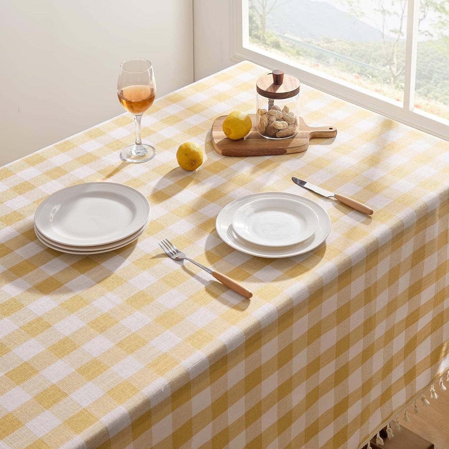 Softalker Checkered Tablecloth Rectangle, Heavy Weight Linen Gingham Outdoor Table Cloth with Tassel, Wrinkle Free Buffalo Plaid Summer Table Cover for Dining/Party/Home - 55 x 102 Inch, Yellow