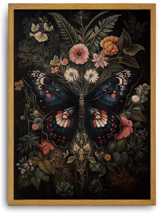 Djmwtb Vintage Framed Wall Art Butterfly Canvas Wall Art Prints Gothic Botanical Floral Pictures Dark Academia Flower Painting Wall Decor Artwork for Living Room Bedroom Bathroom Office 16x24in