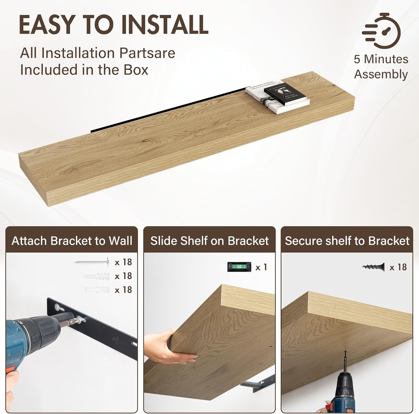 55 Inch Floating Shelves, 12" Deep Floating Shelf Wall Mounted, 55" Wall Shelves, Rustic Deep Bookshelf, Extra Deeper & Thicker Display Shelves for Bedroom, Living Room, Oak, Set of 2