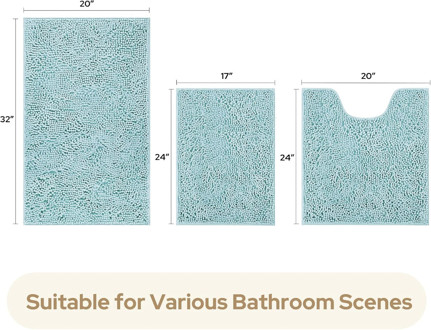 HOMEIDEAS 3 Pieces Bathroom Rugs, Ultra Soft Non Slip Absorbent Chenille Toilet Bath Mat Set (Light Blue,17"x24"+20"x32"+U Shape 20"x24")