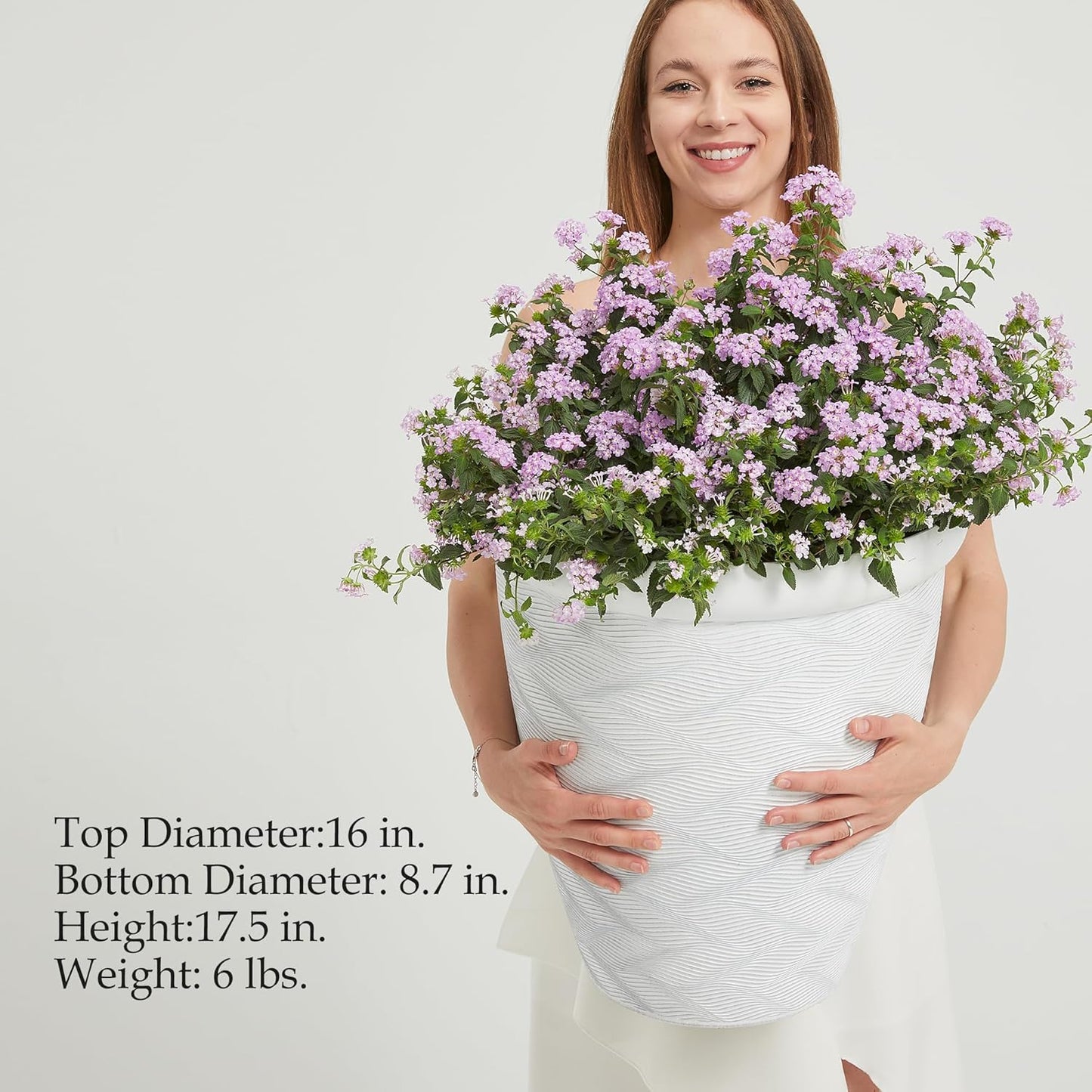 Worth Garden 2-Pack 16" Large Round Planter - Weave Pattern Lightweight Plastic Plant Pot 16" x 17.5" for Indoor Outdoor Use - Decorative Containers for Front Porch Home Yard Deck Patio - White