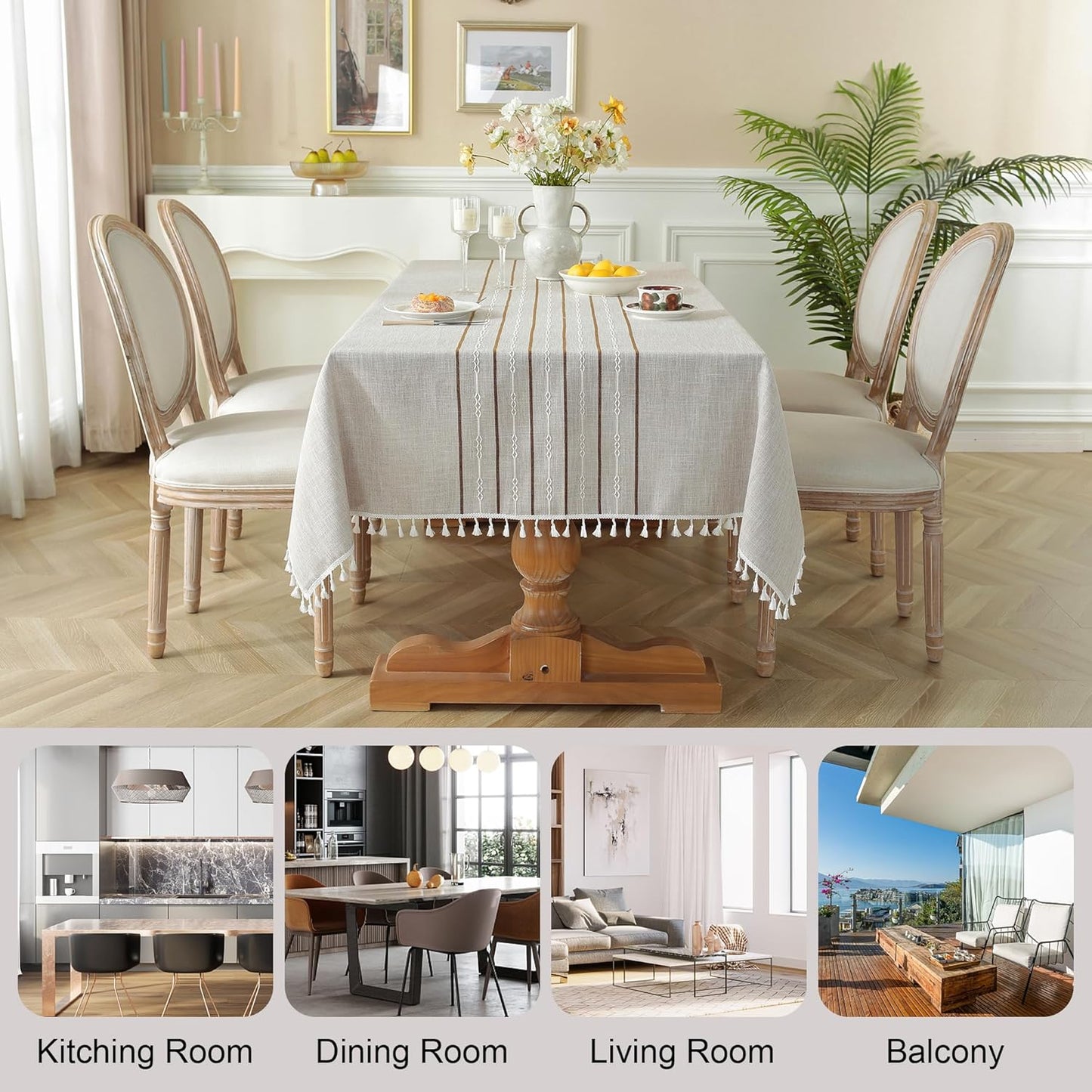 JIALE Tablecloths for Rectangle Tables, Cotton Linen Table Cloth Waterproof Tablecloth Wrinkle Free Farmhouse Dining Tables Cover, Soft Fabric Table Cloths with Tassels, Coffee, 55" X 55", 2-4 Seats