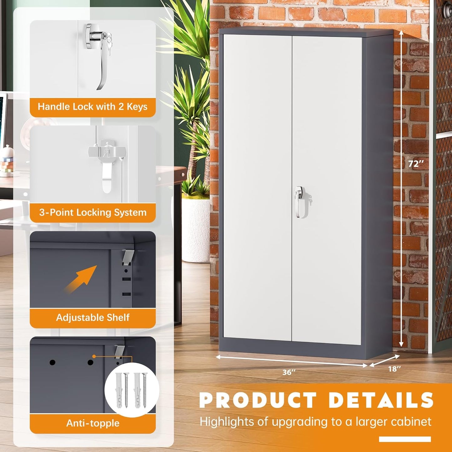 Greenvelly Metal Storage Cabinet with 2 Doors and 4 Adjustable Shelves,72" Locking Metal Garage Cabinet, Steel Tool Cabinets, Lockable Filling Cabinet for Home, Office, Garage, School(36" W x 18" D)