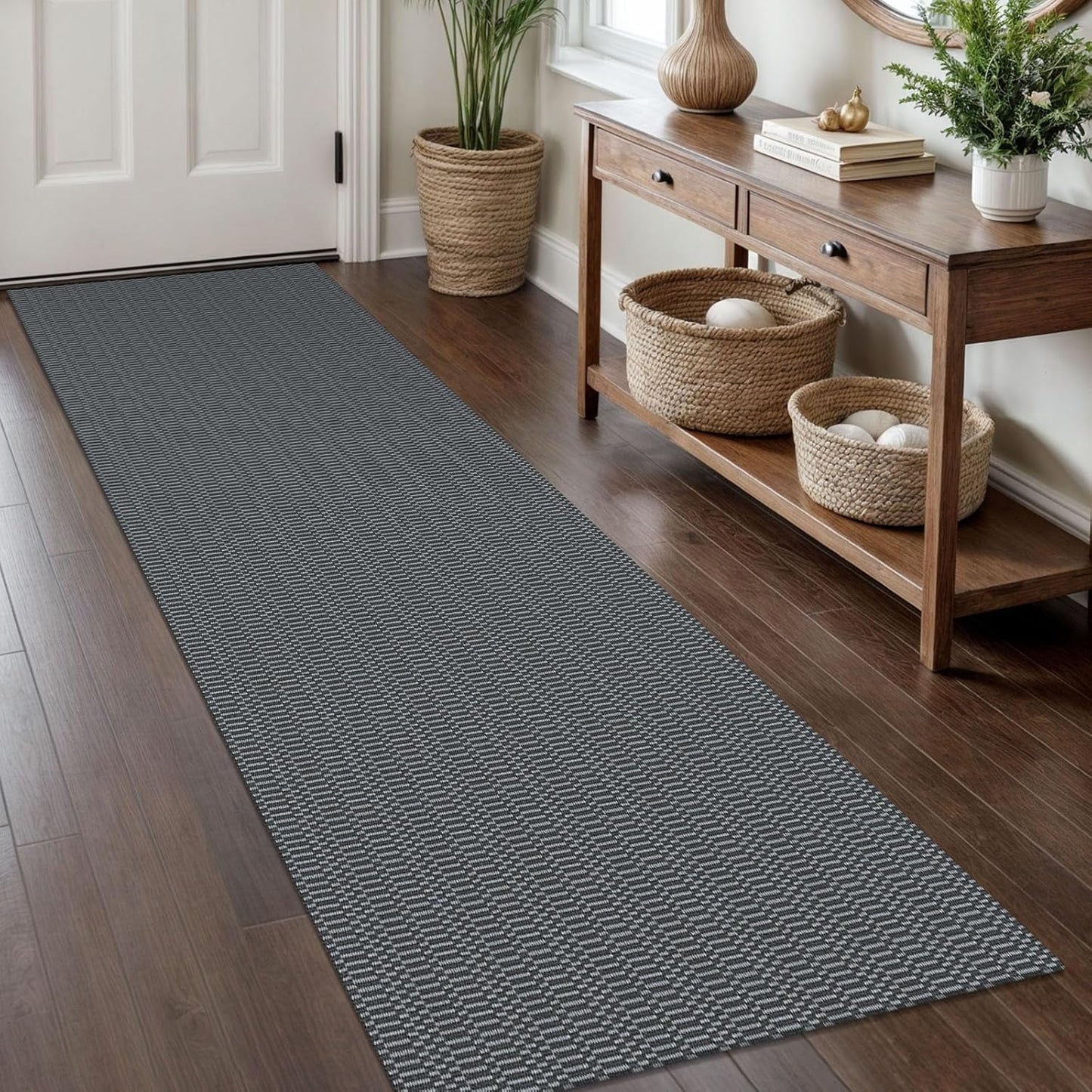 KOZYFLY Washable Runner Rug 2x8 Ft Runners for Hallways Non Slip Kitchen Runner Rugs Braided Cotton Entryway Runner Indoor, Carpet Runners for Hallway Entryway Bedroom, Grey/Charcoal Grey