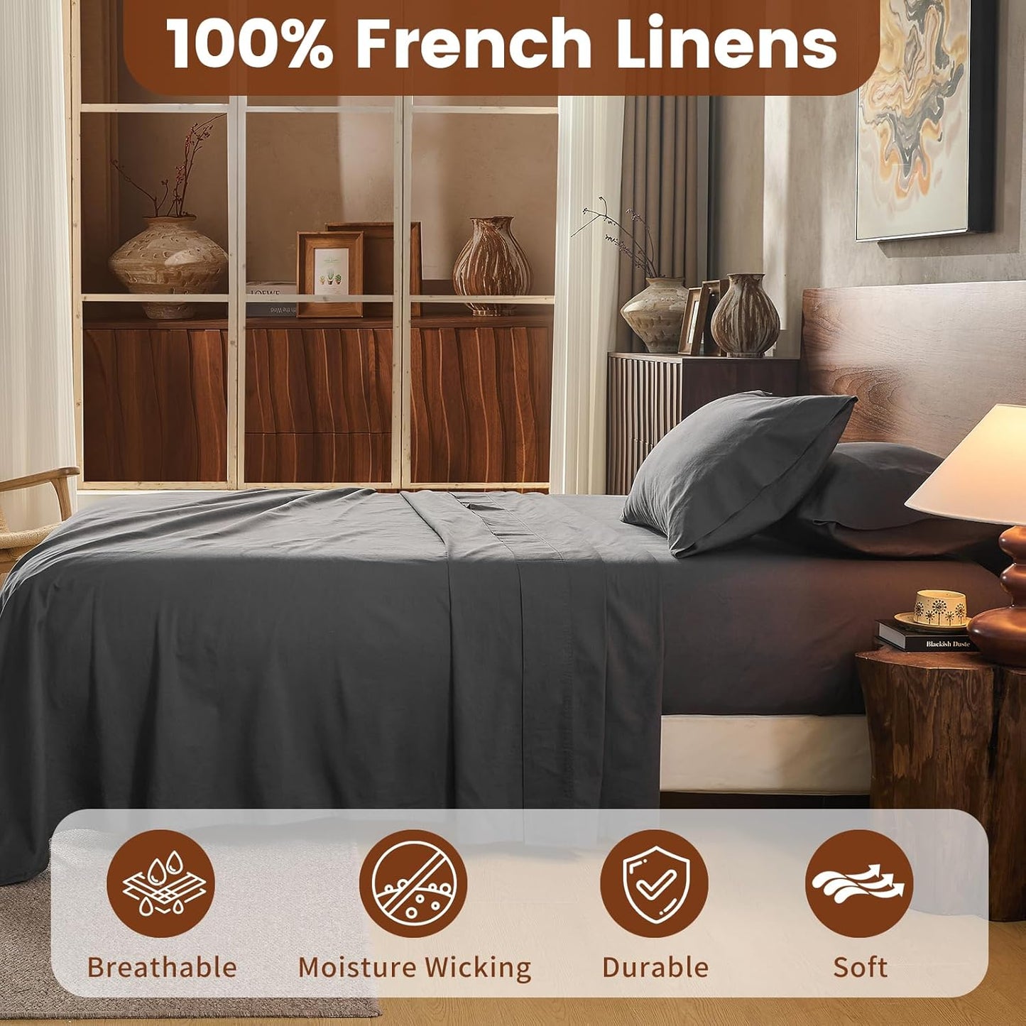 100% Linen Sheets King Size,Breathable & Durable 4-Piece Bed Flax Sheet Set,Soft All-Season Bedding for Hot Sleepers 16" Deep Pocket Oeko-TEX Certified,（King, Dark Grey）