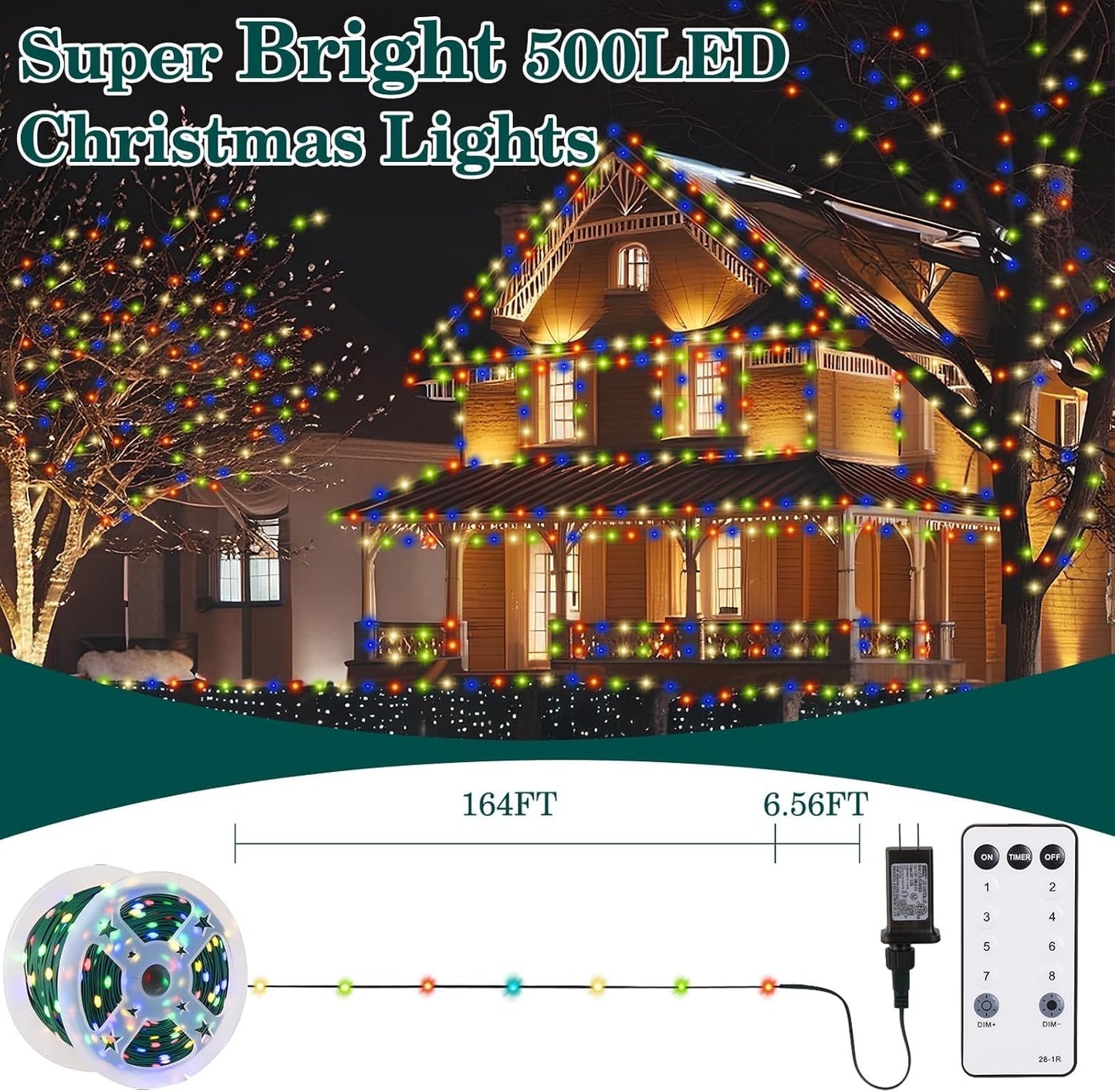 HYH Christmas Lights Outdoor String Lights 500LED 164FT Multicolored Xmas Plug in Fairy Lights Waterproof with Remote for Outside Bush Tree Decor Garden Patio Indoor Balcony Christmas Party