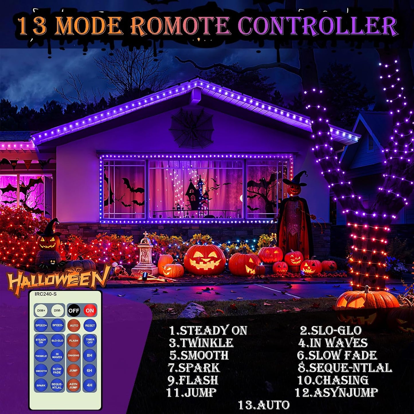 Decute 500LED 164FT Fairy String Lights Halloween Lights Silver Wire with Remote, Firefly Starry Light for DIY Christmas Tree Costume Wedding Party Table Centerpiece Decor Orange Purple